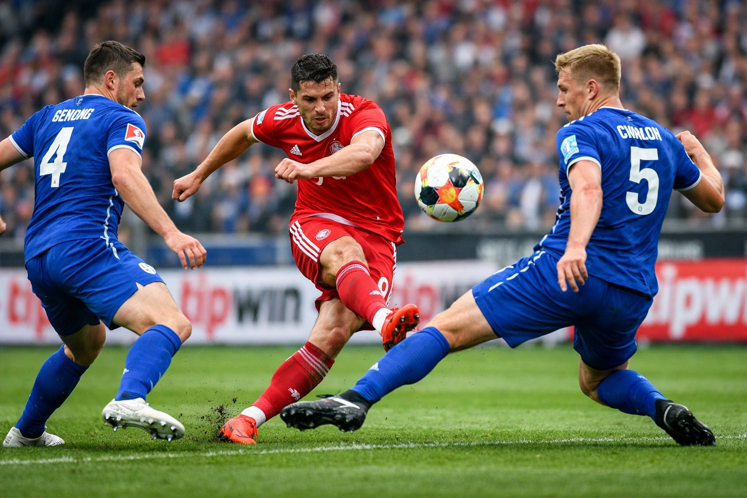 Bundesliga Torschuss-Situation mit Stürmer und Verteidigern im intensiven Zweikampf