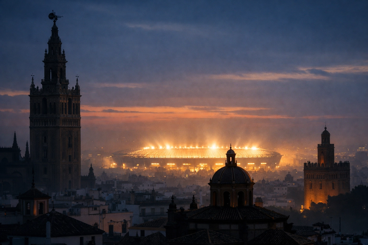 Abendstimmung in Sevilla vor dem Derbi Sevillano zwischen Real Betis und FC Sevilla.