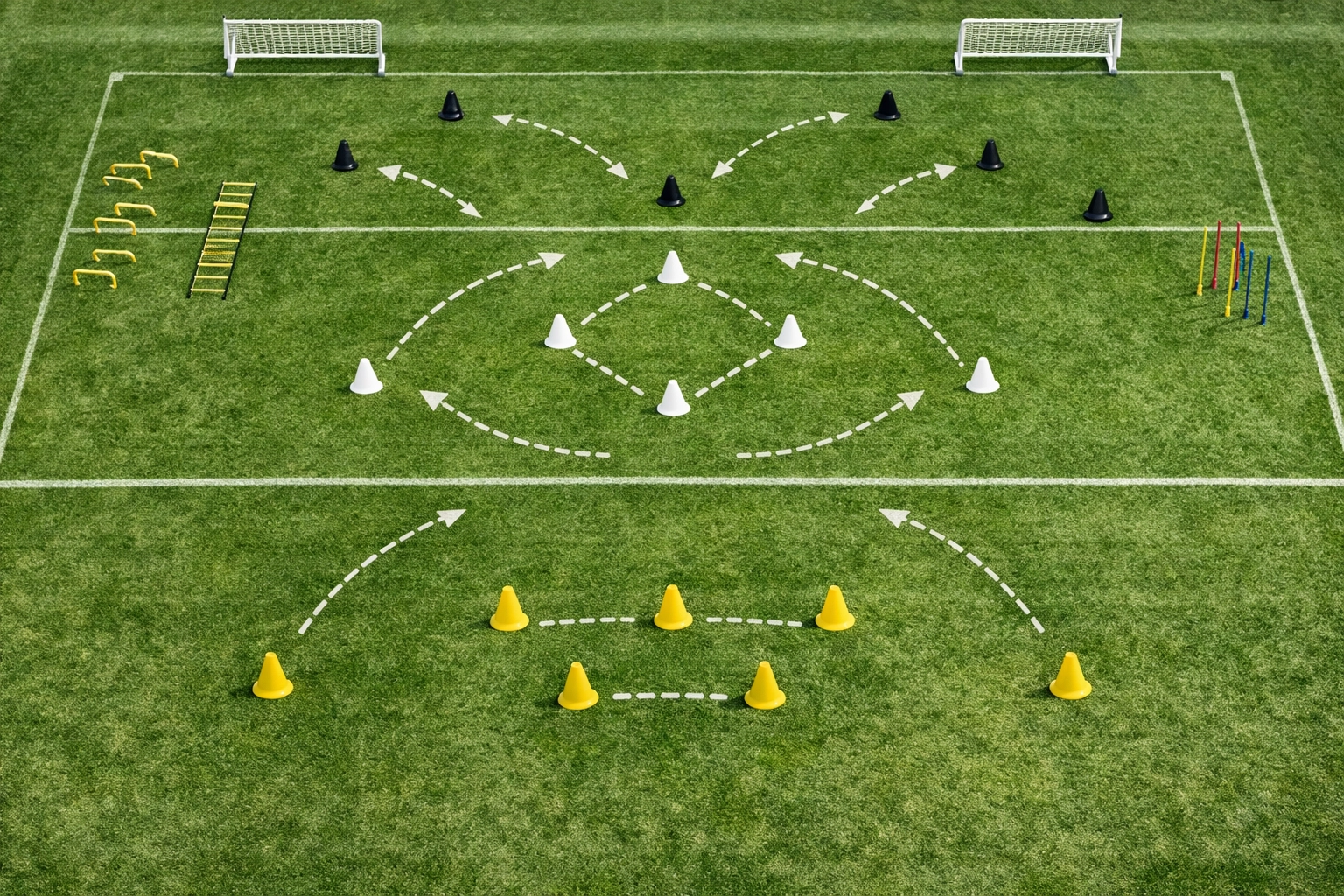 Trainingsplatz mit Markierungen für taktische Positionierung im 3-4-3-System