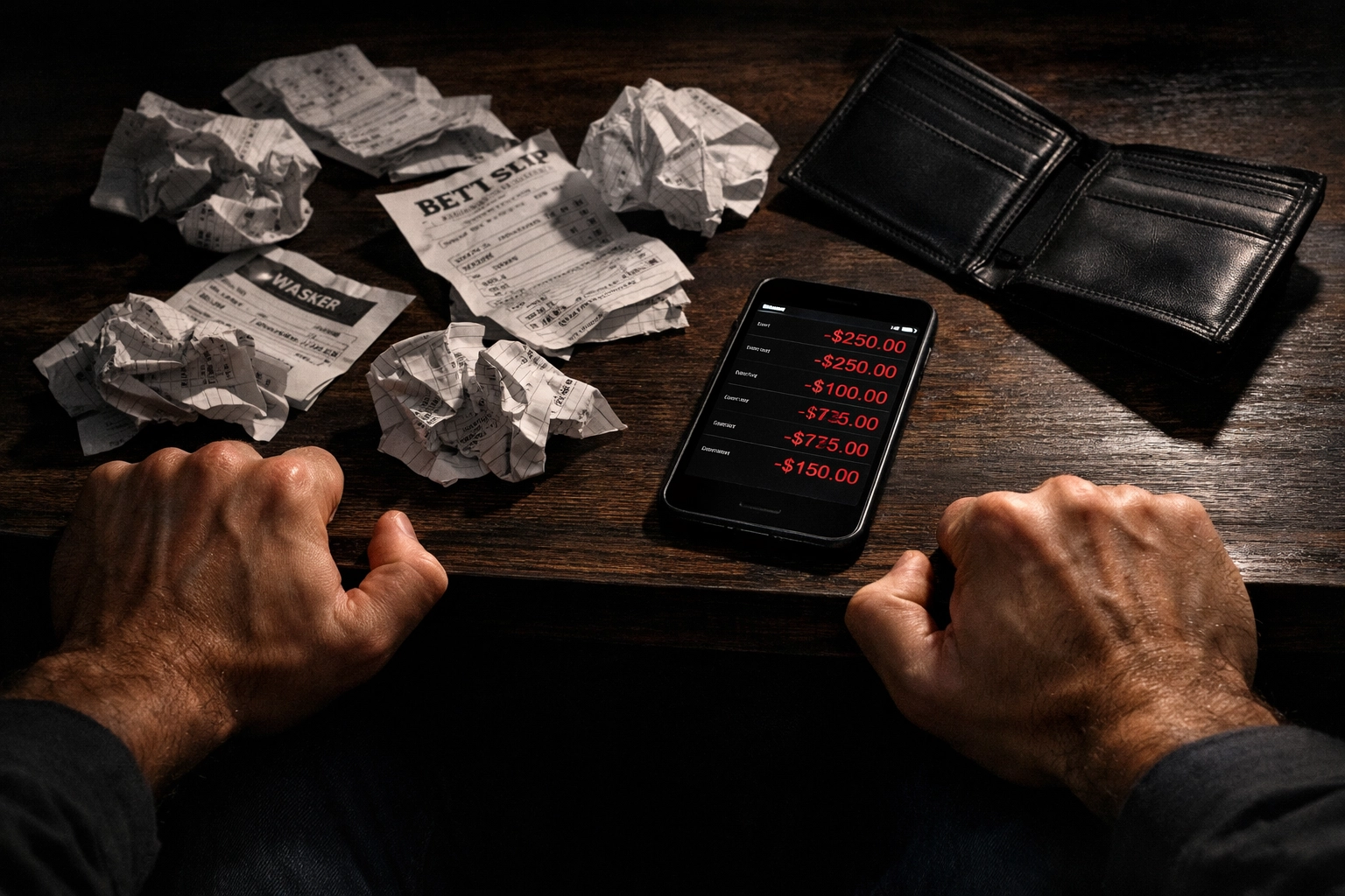Wettverluste vermeiden: Zerknittelte Wettscheine und leere Geldbörse symbolisieren Chasing-Gefahr