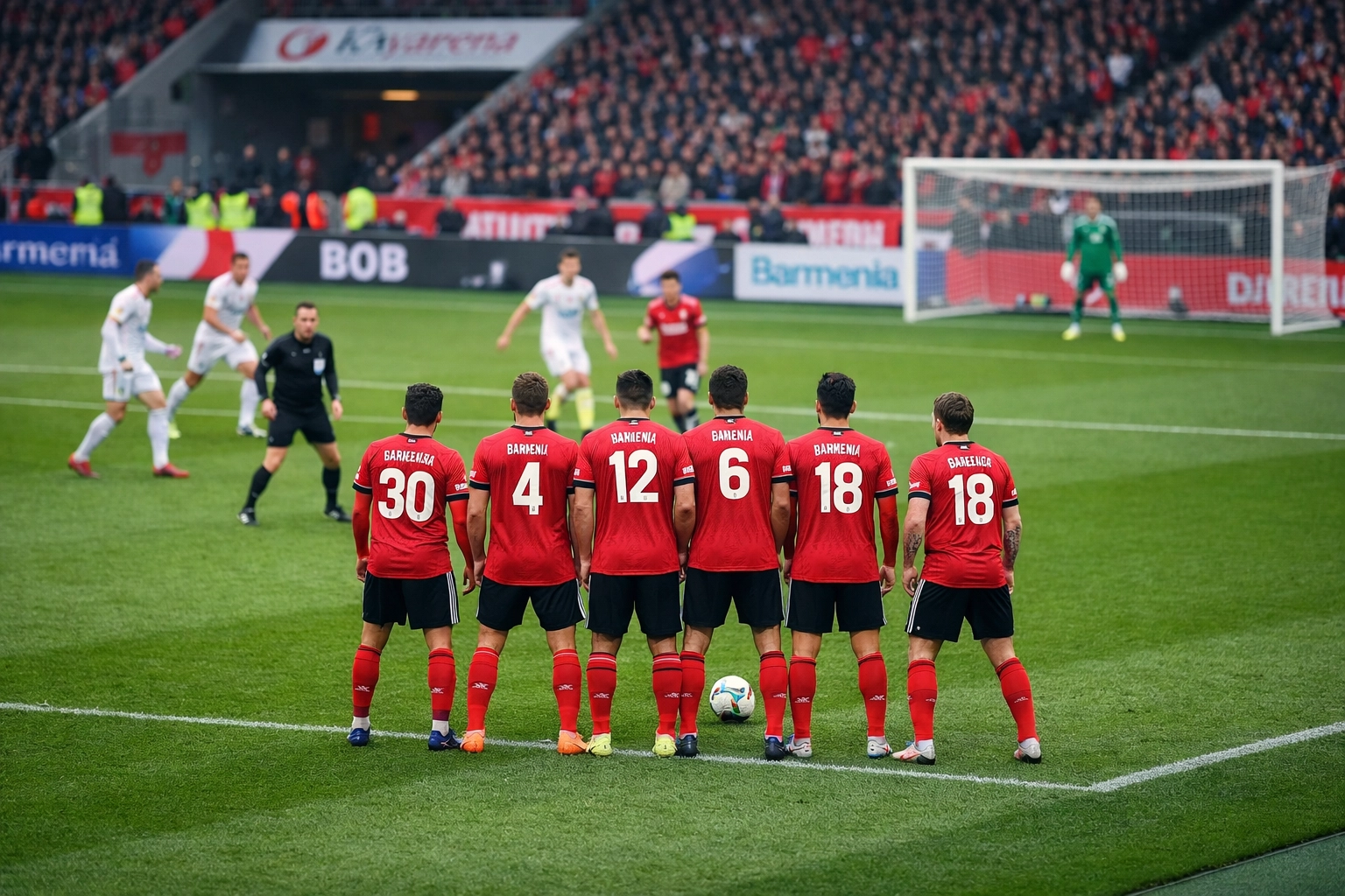 Bayer Leverkusen Spieler in kompakter Fünferkette während eines Bundesliga-Spiels