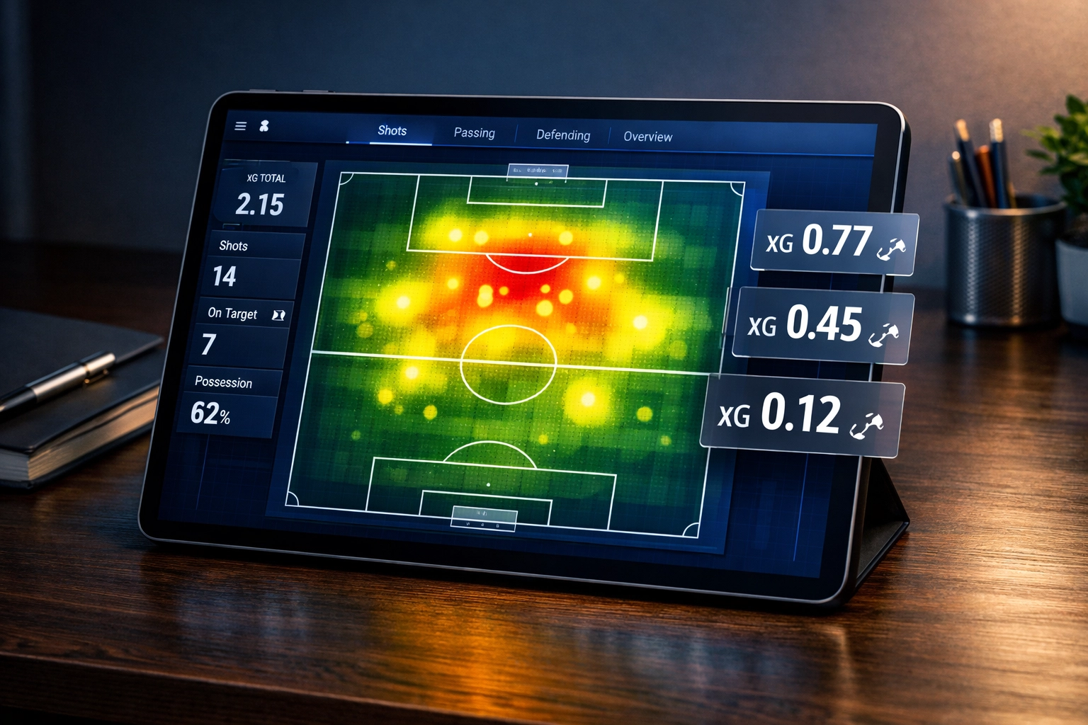 Expected Goals Dashboard mit xG-Werten und Heatmap zur Wettanalyse