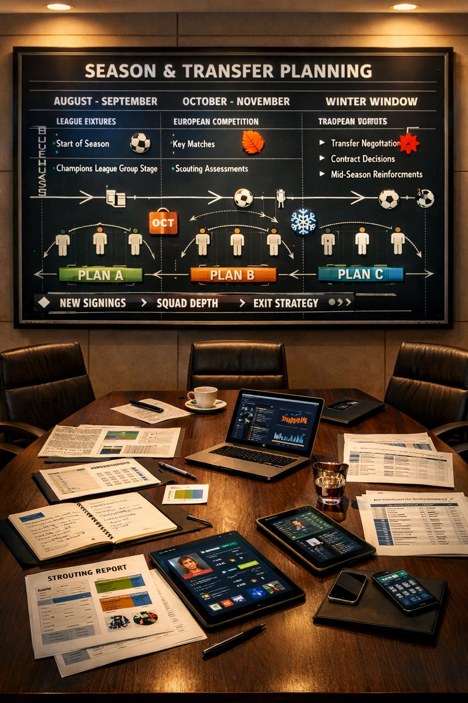 Strategieraum mit taktischer Kaderplanung und Transferanalyse für die kommende Saison