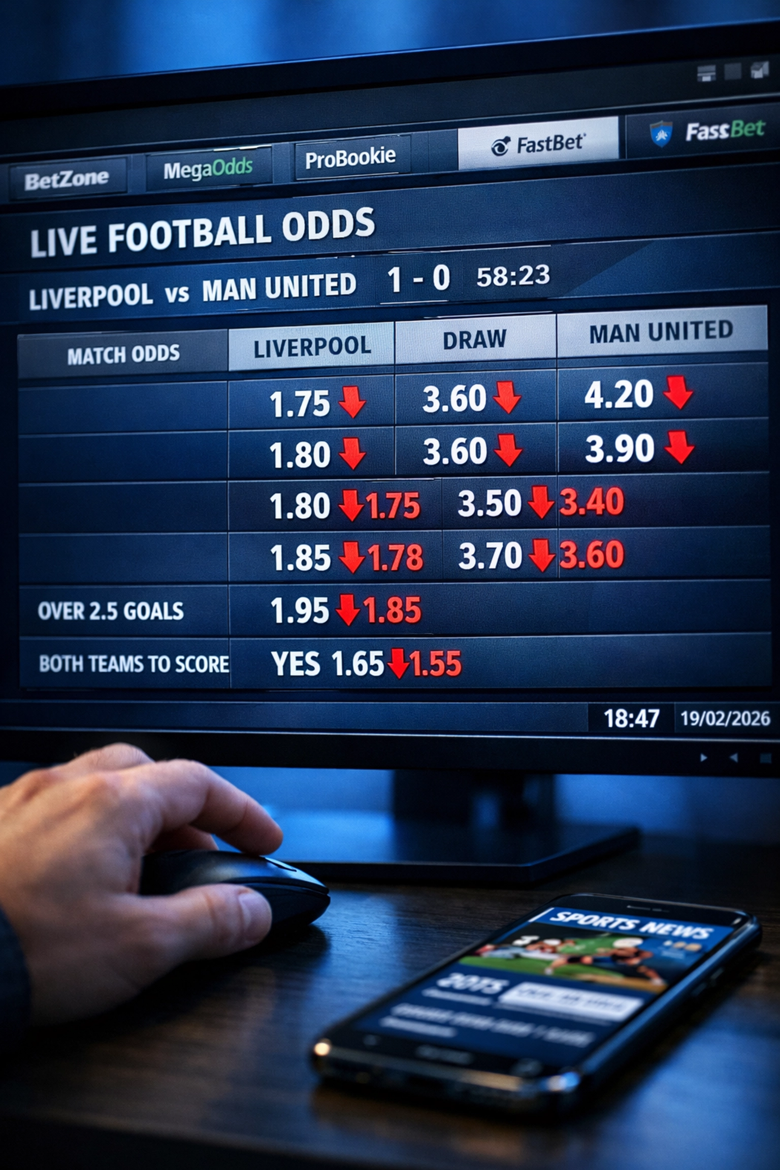 Live-Quoten am Bildschirm mit fallenden Wettquoten und Timing-Analyse vor Spielbeginn