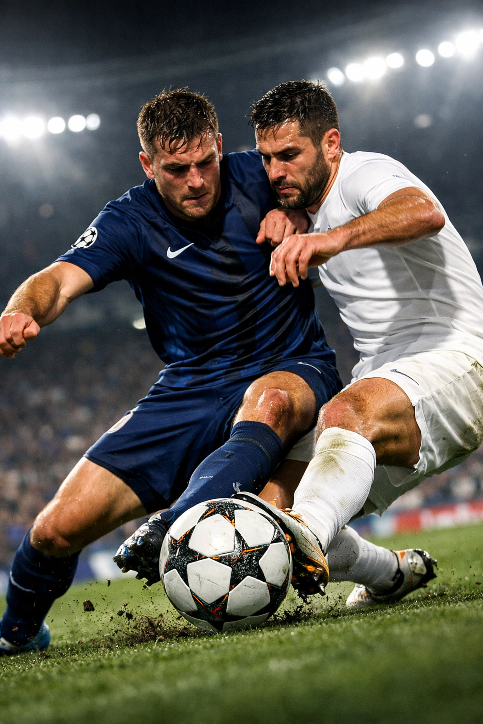 Intensiver Zweikampf im Mittelfeld während eines Champions League Achtelfinal-Spiels