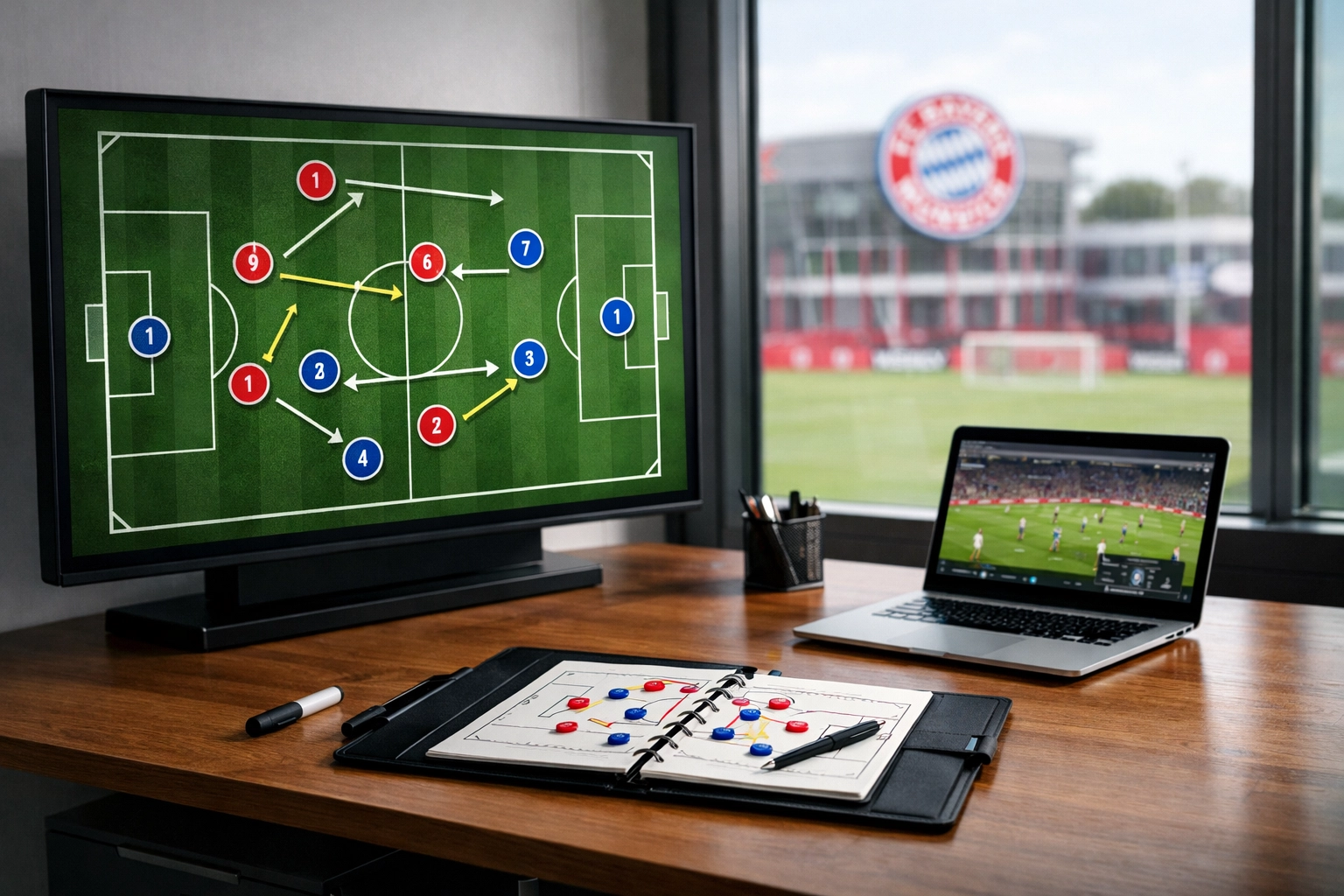 Taktische Analyse am Bildschirm zeigt Spielaufstellung für Bayerns Kaderplanung