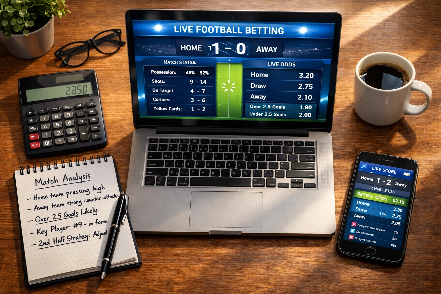 Arbeitsplatz mit Laptop zeigt Fußballstatistiken und Sportwetten-Quoten für systematische Analyse