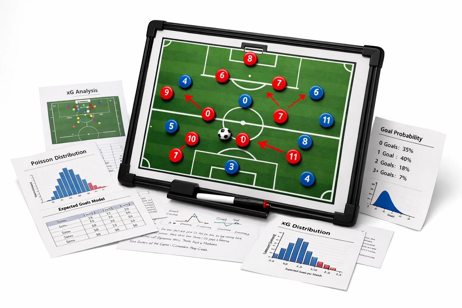 Fußball-Taktikboard mit xG-Daten, Poisson-Verteilung und statistischen Wahrscheinlichkeitsberechnungen
