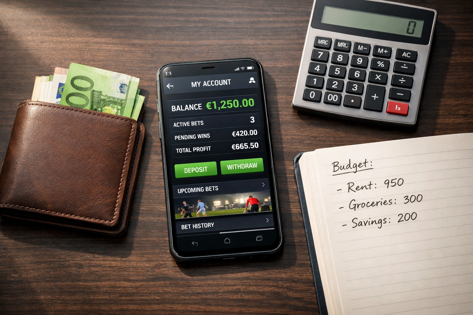 Bankroll-Management Arbeitsplatz mit Sportwetten-App, Euro-Banknoten und Budget-Rechner