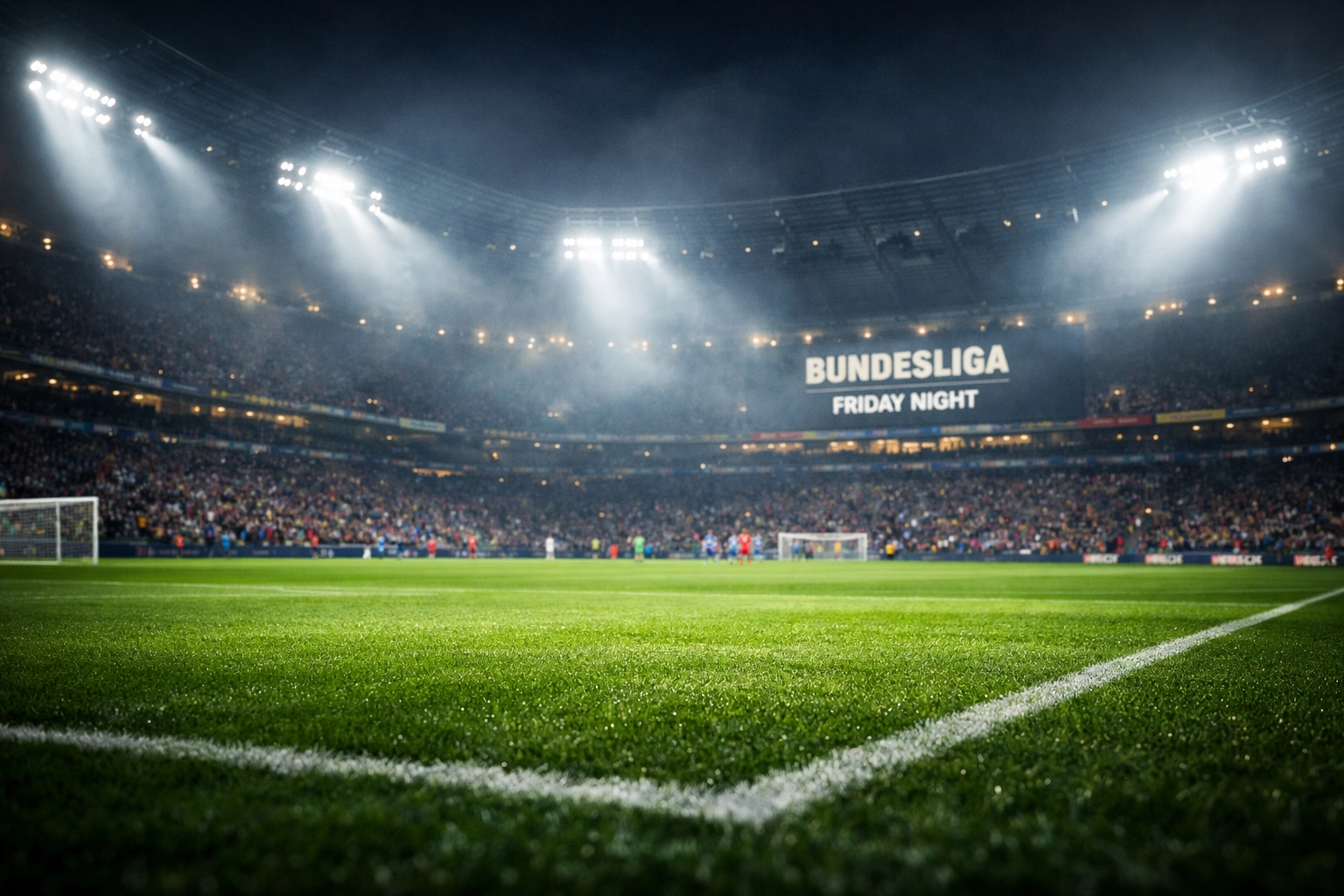 Beleuchtetes Fußballstadion bei einem Bundesliga-Flutlichtspiel am Freitagabend in Augsburg.