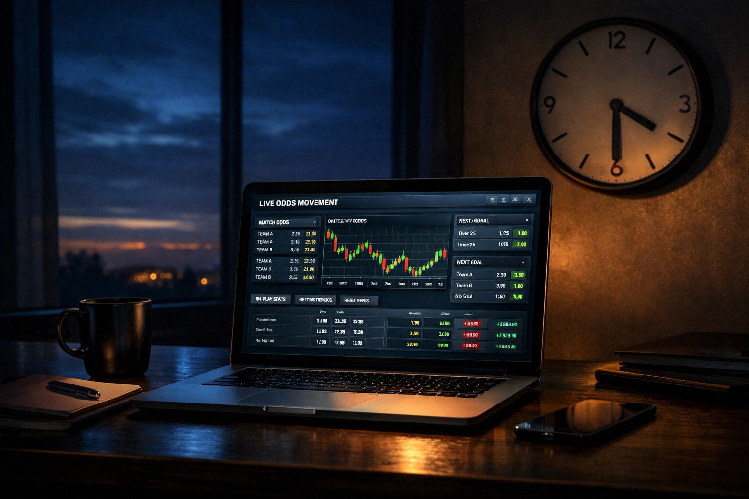 Professionelle Wettanalyse in frühen Morgenstunden am Laptop mit Quotencharts