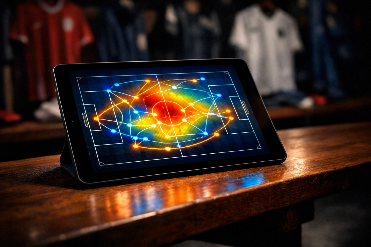 Analyse-Tablet mit Fußball-Heatmap zeigt taktische Passwege in der Profi-Umkleidekabine