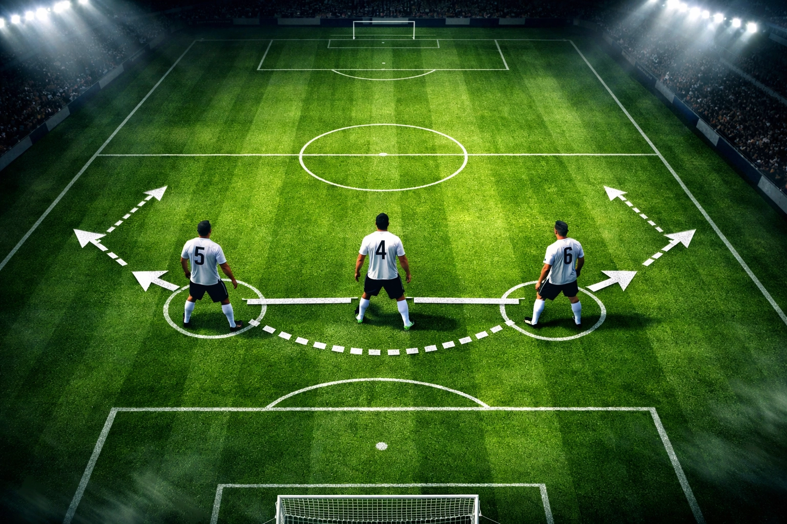 Bayern Münchens Dreierkette aus der Vogelperspektive mit taktischen Laufwegen auf dem Spielfeld