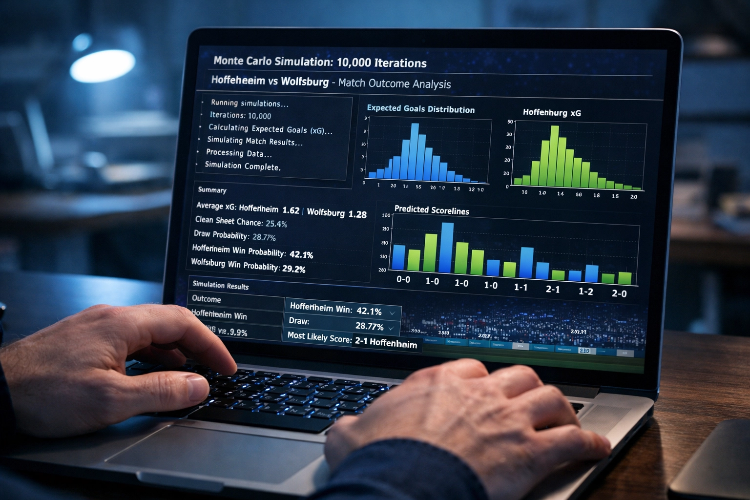 Monte-Carlo-Simulation für Bundesliga Wettprognose mit xG-Werten am Laptop
