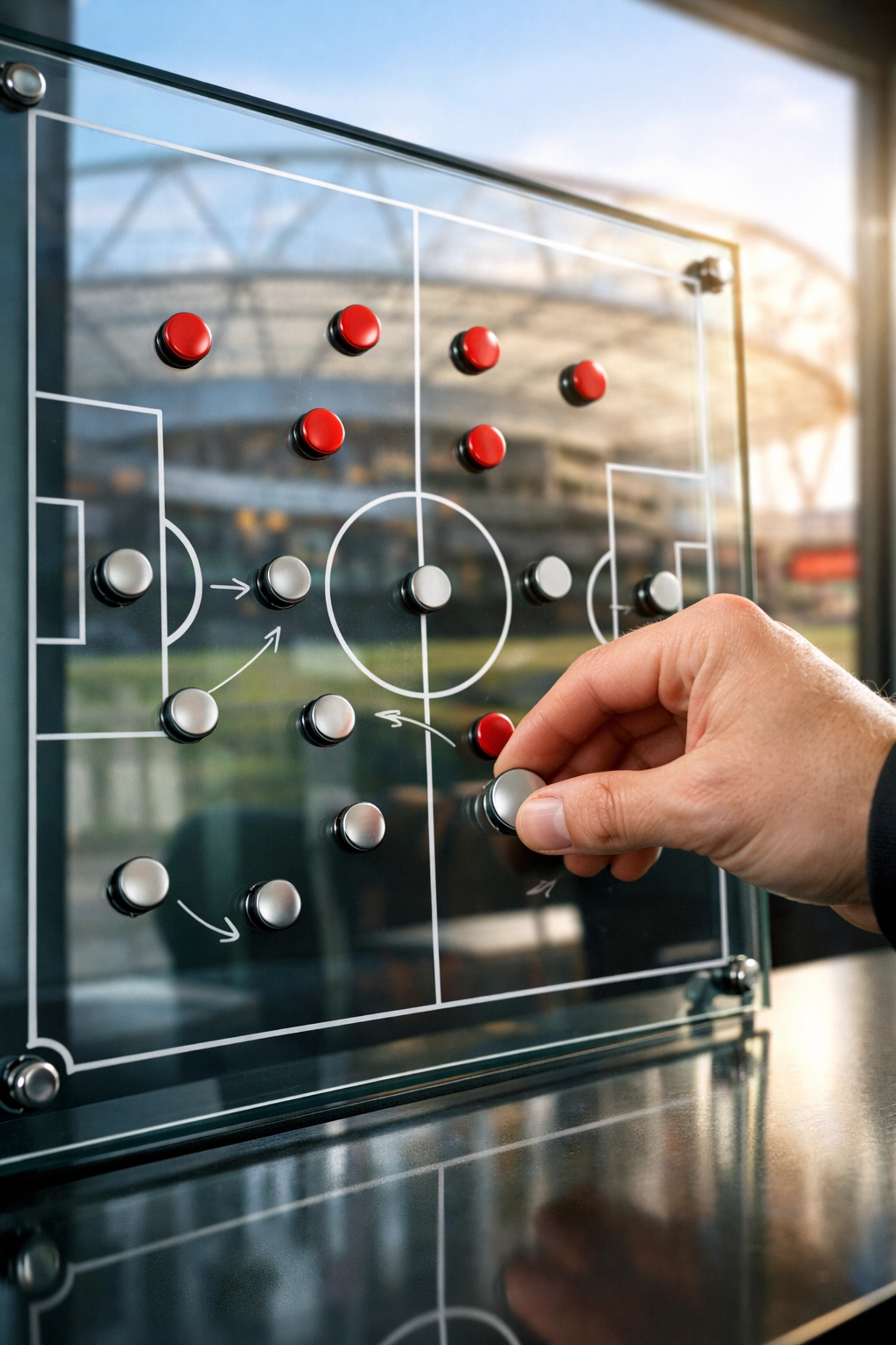 Strategische Kaderplanung von Bayer Leverkusen auf einer Taktiktafel vor der Kulisse der BayArena.