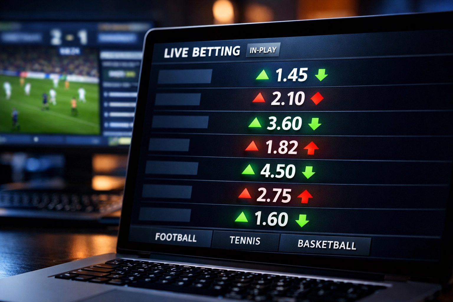 Live-Quotenbewegungen auf digitalem Wett-Dashboard mit fallenden und steigenden Werten