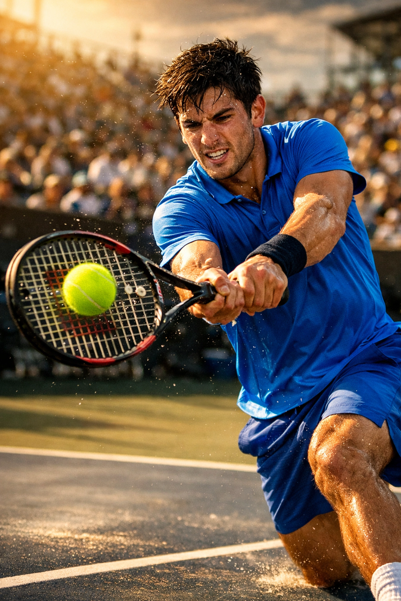 Tennis player hitting powerful forehand during Australian Open qualifying upset match