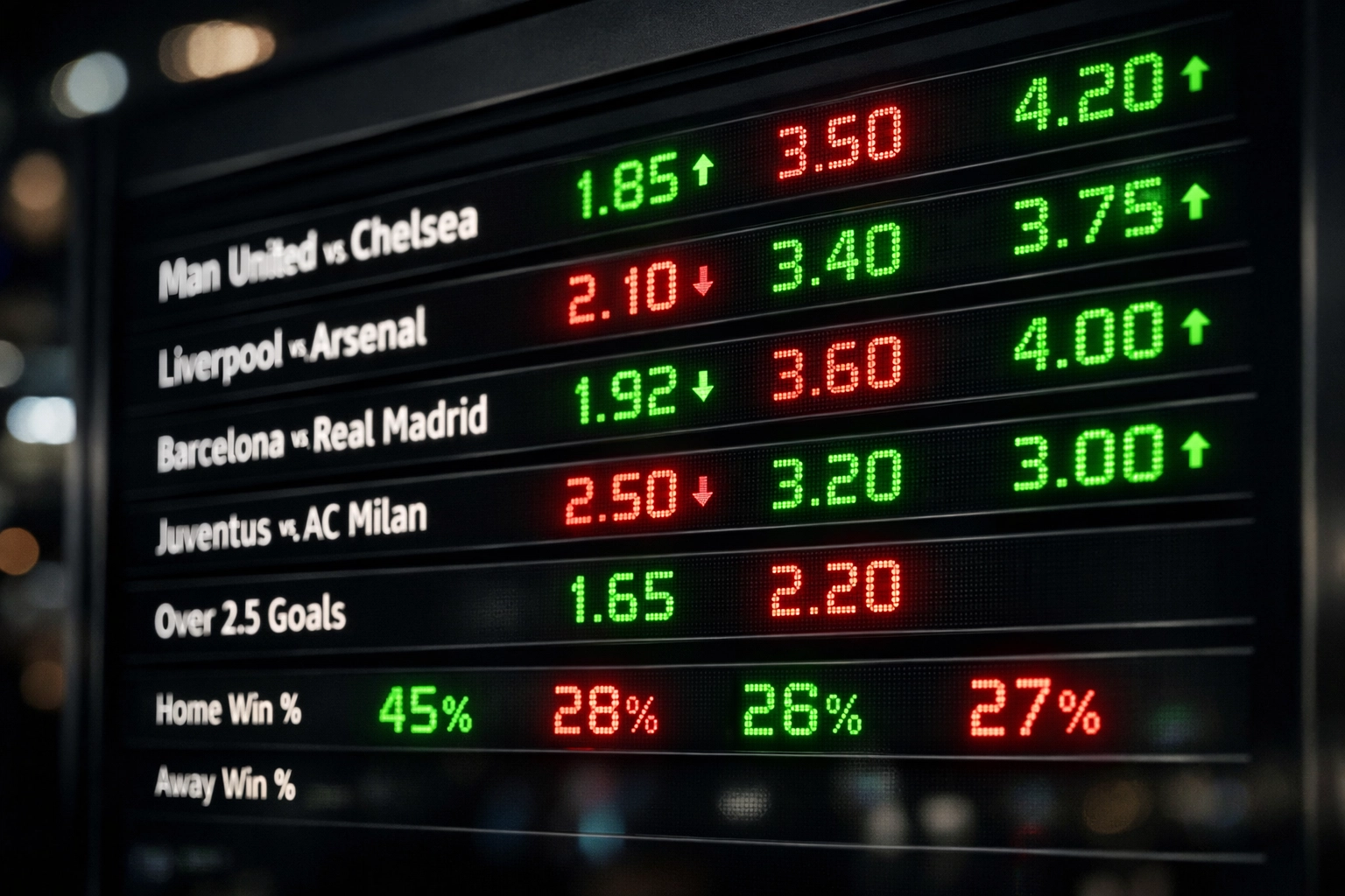 Digitale Sportwetten-Quotentafel zeigt Live-Quoten und Quotenänderungen