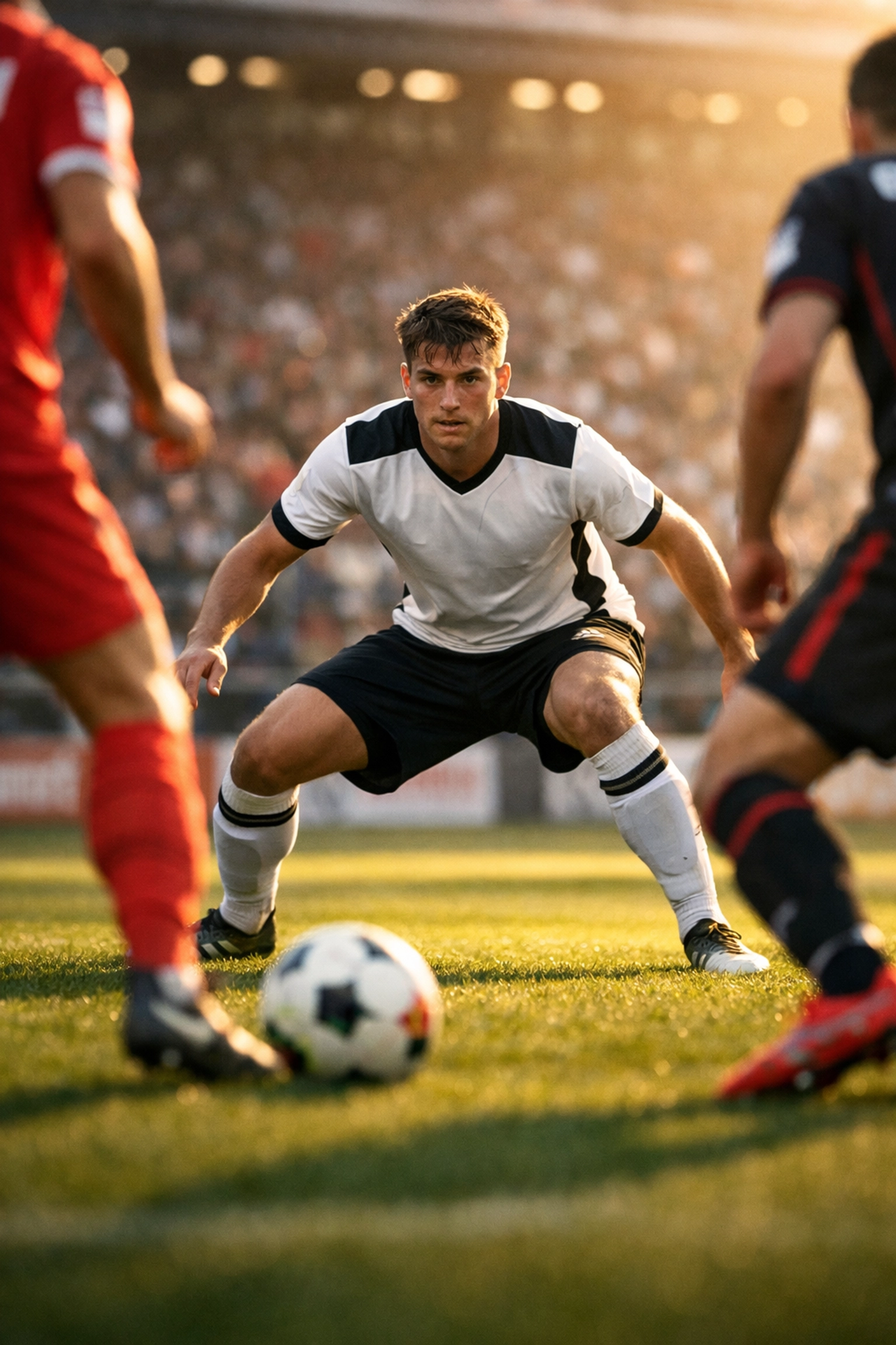 Bundesliga Defensivspieler in taktischer Position während eines Spiels im Mittelfeld