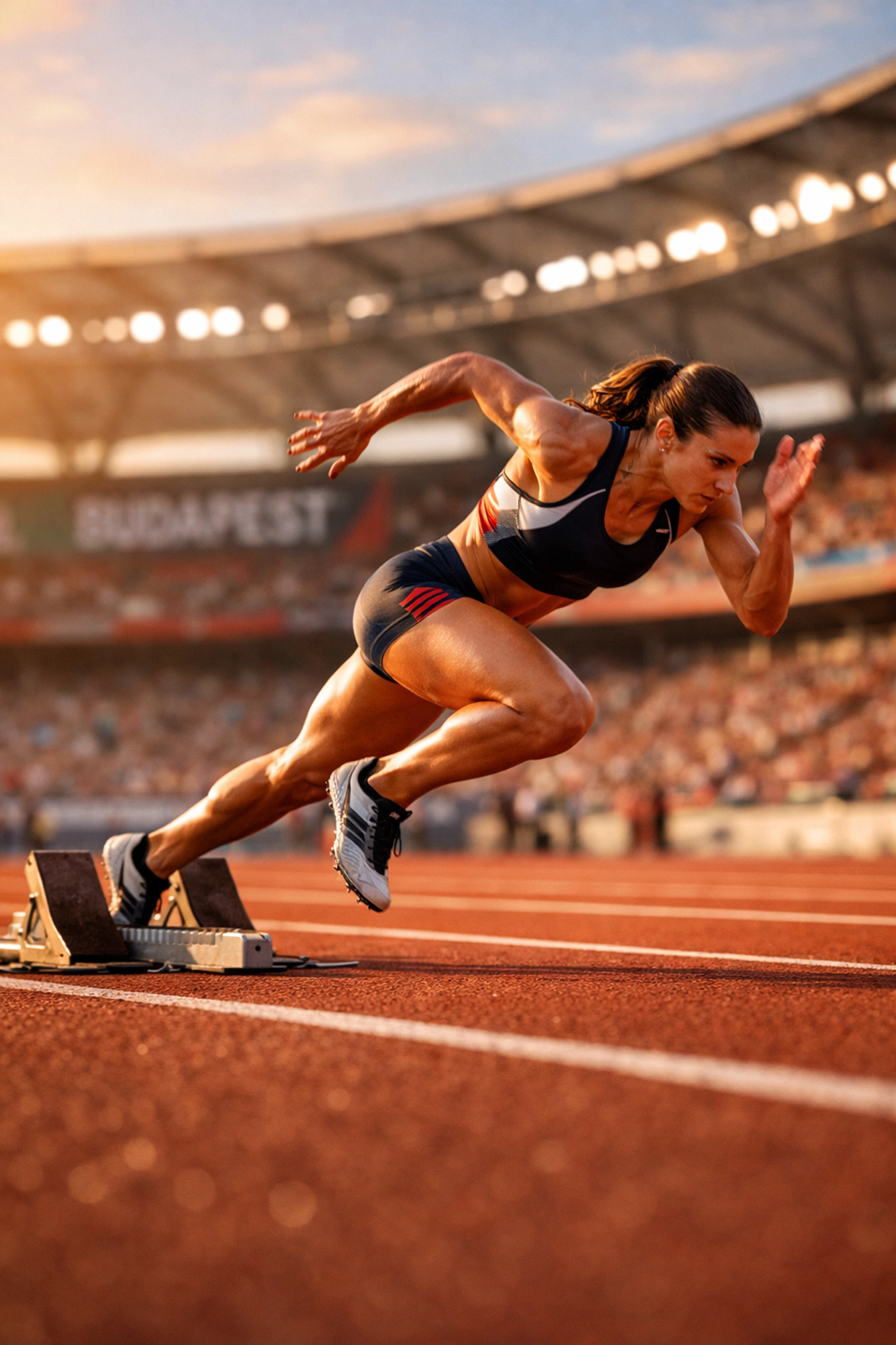 Female sprinter at starting blocks during World Athletics Ultimate Championships in Budapest