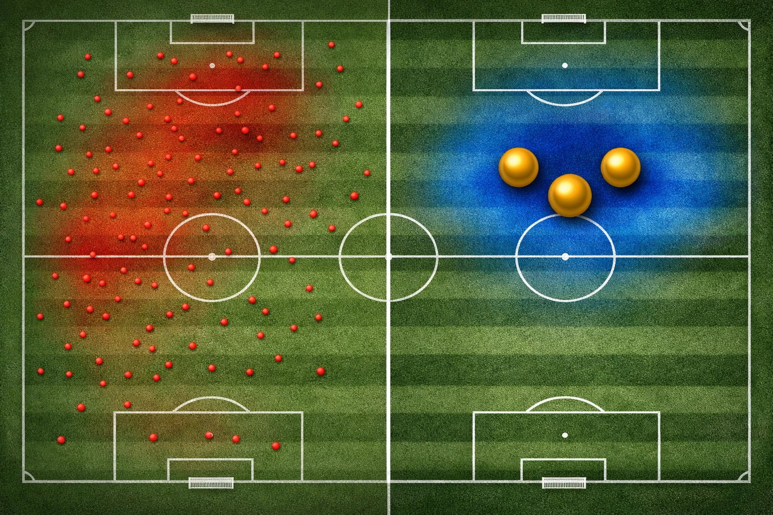 Taktische Übersicht Fußballfeld mit Schussqualität und xG-Heatmap Analyse