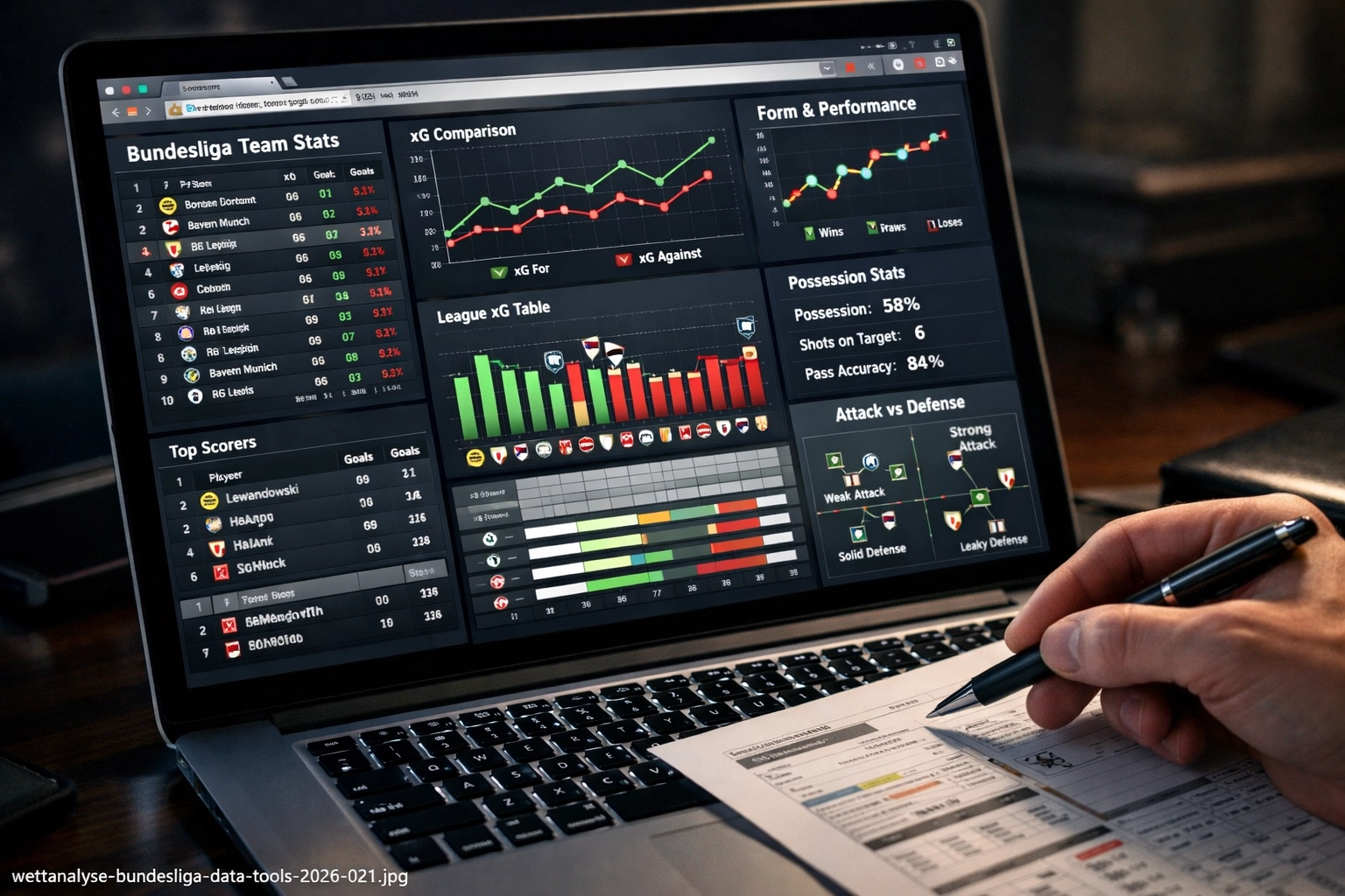 Bundesliga Statistiken und xG-Daten auf Laptop-Bildschirm für professionelle Wettanalyse