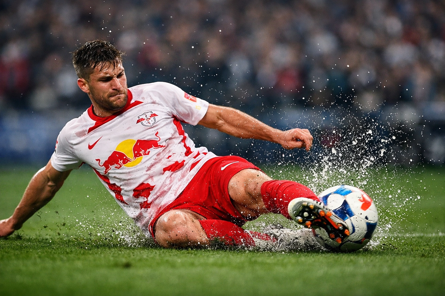 RB Leipzig Verteidiger bei Defensivaktion im Bundesliga Stadion