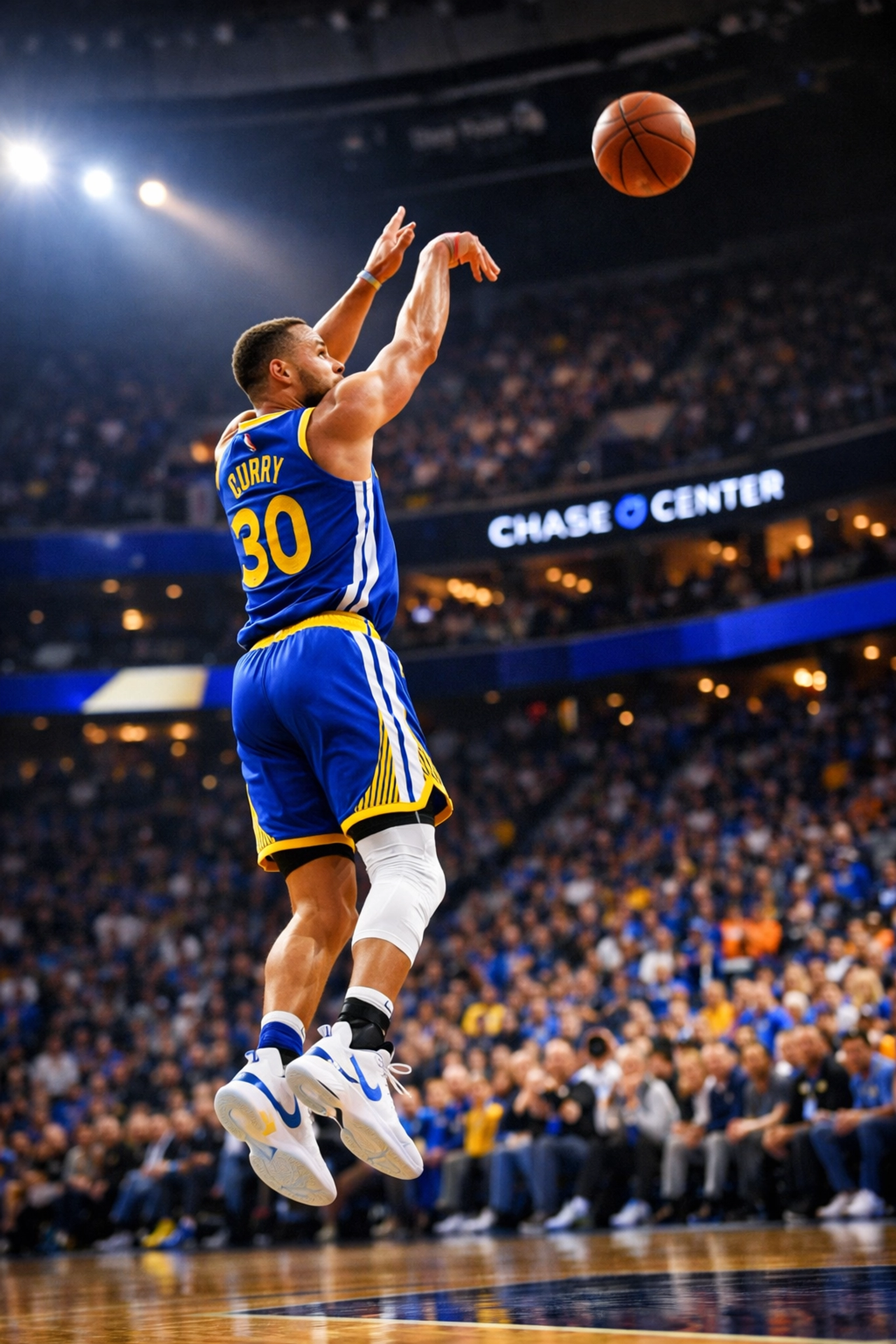 Golden State Warriors Spieler beim Dreipunktwurf im Chase Center während NBA-Spiel