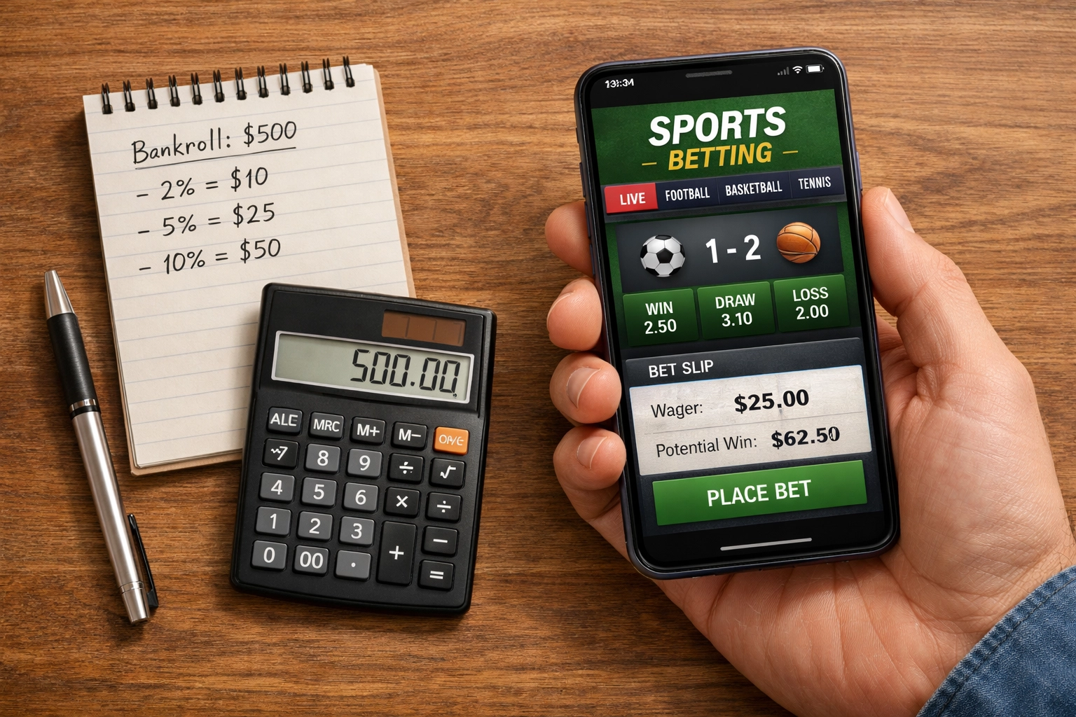 Smartphone mit Sportwetten-App und Taschenrechner für verantwortungsvolles Bankroll-Management