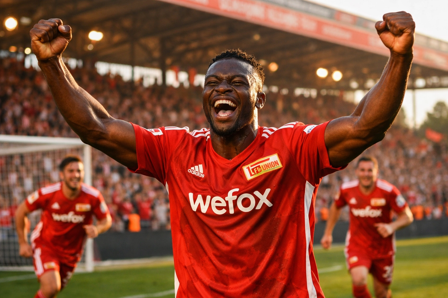 Union Berlin Neuzugang Traoré jubelt nach Tor im Stadion An der Alten Försterei