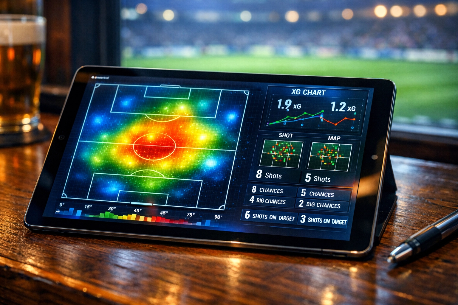 xG Analyse Liverpool gegen West Ham: Tablet zeigt Heatmap und statistische Leistungsdaten.