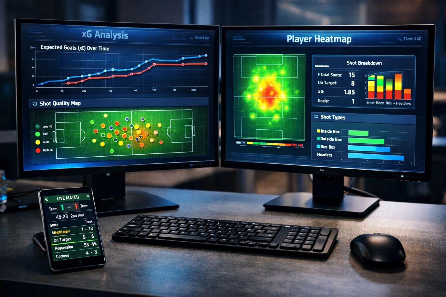 Monitor-Setup mit Expected Goals und Statistiken für Wettanalyse