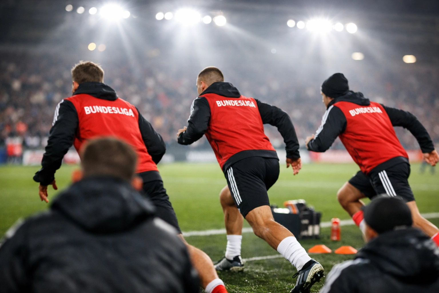 Bundesliga Ersatzspieler wärmen sich an der Seitenlinie auf und bereiten sich auf Einwechslung vor