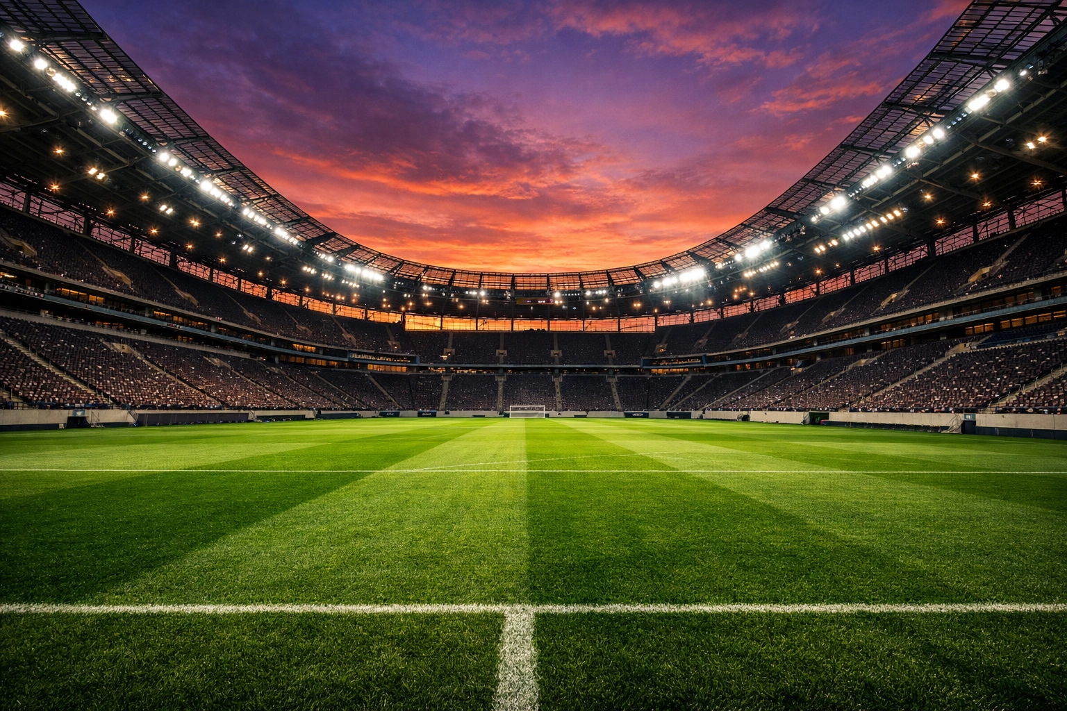 Modernes Fußballstadion bei Sonnenuntergang vor der Bundesliga Spielanalyse