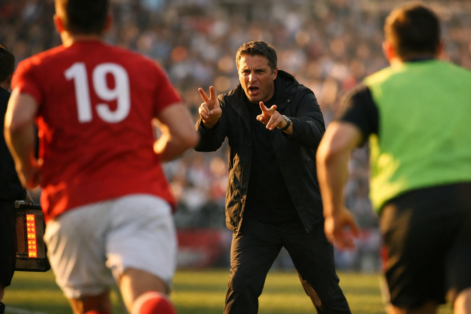 Trainer gibt taktische Anweisungen bei Auswechslung während Live-Spiel am Spielfeldrand