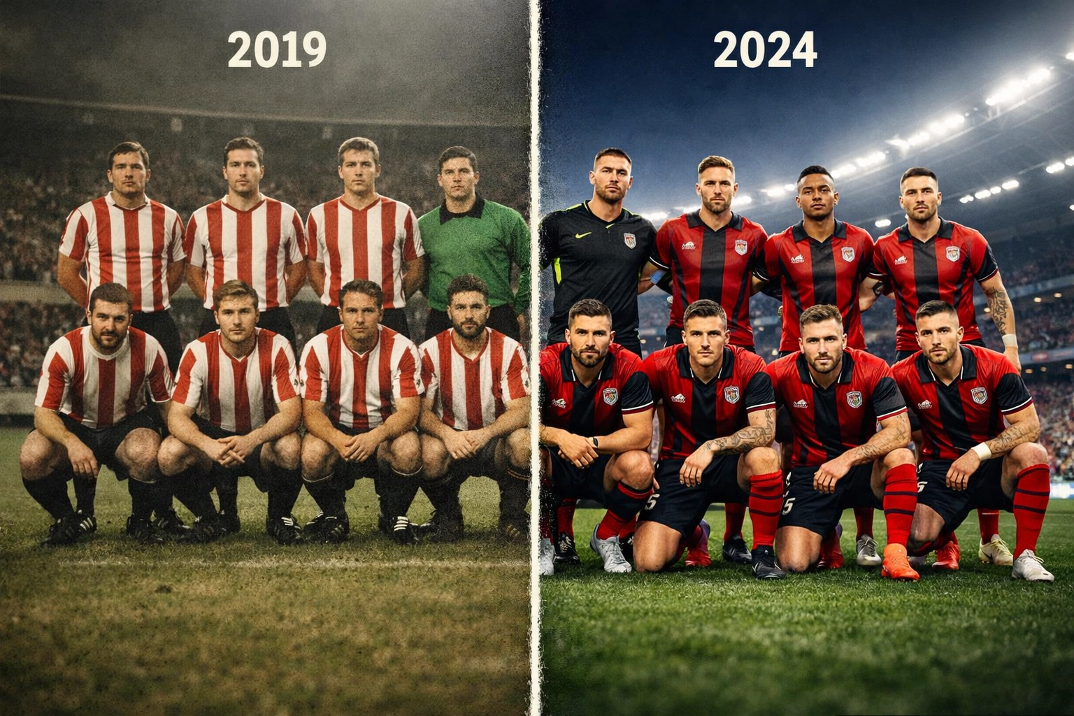 Vergleich Fußballteam 2019 versus 2024 zeigt Kaderveränderungen und Systemwechsel