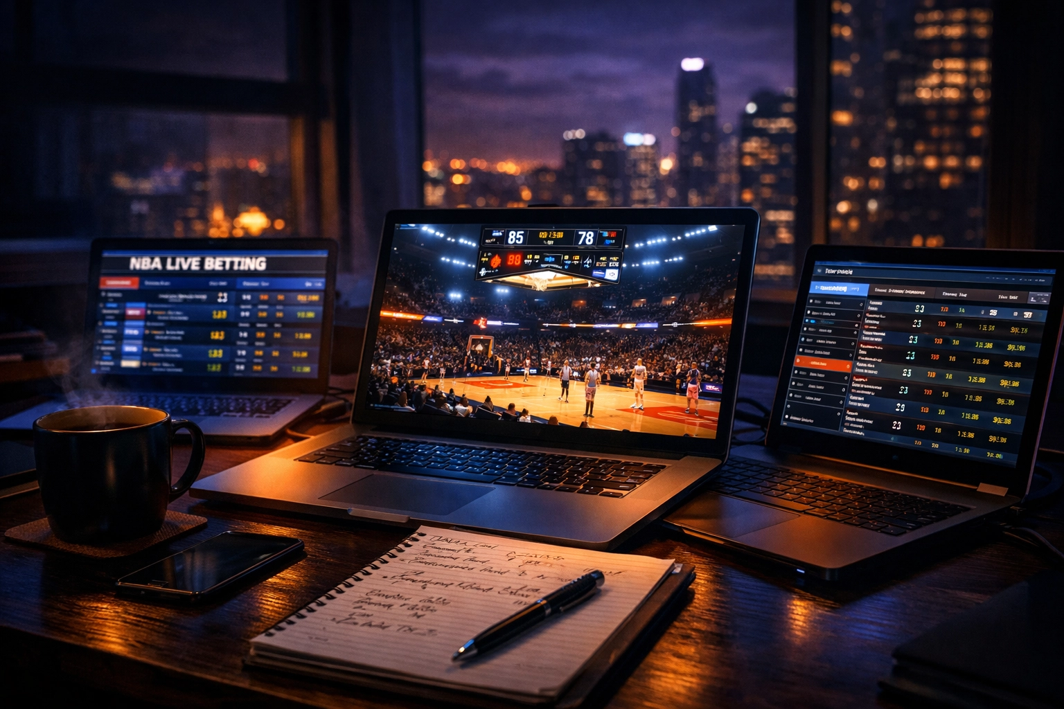 NBA Sportwetten-Analyse bei Nacht mit Live-Statistiken und Quoten auf mehreren Bildschirmen