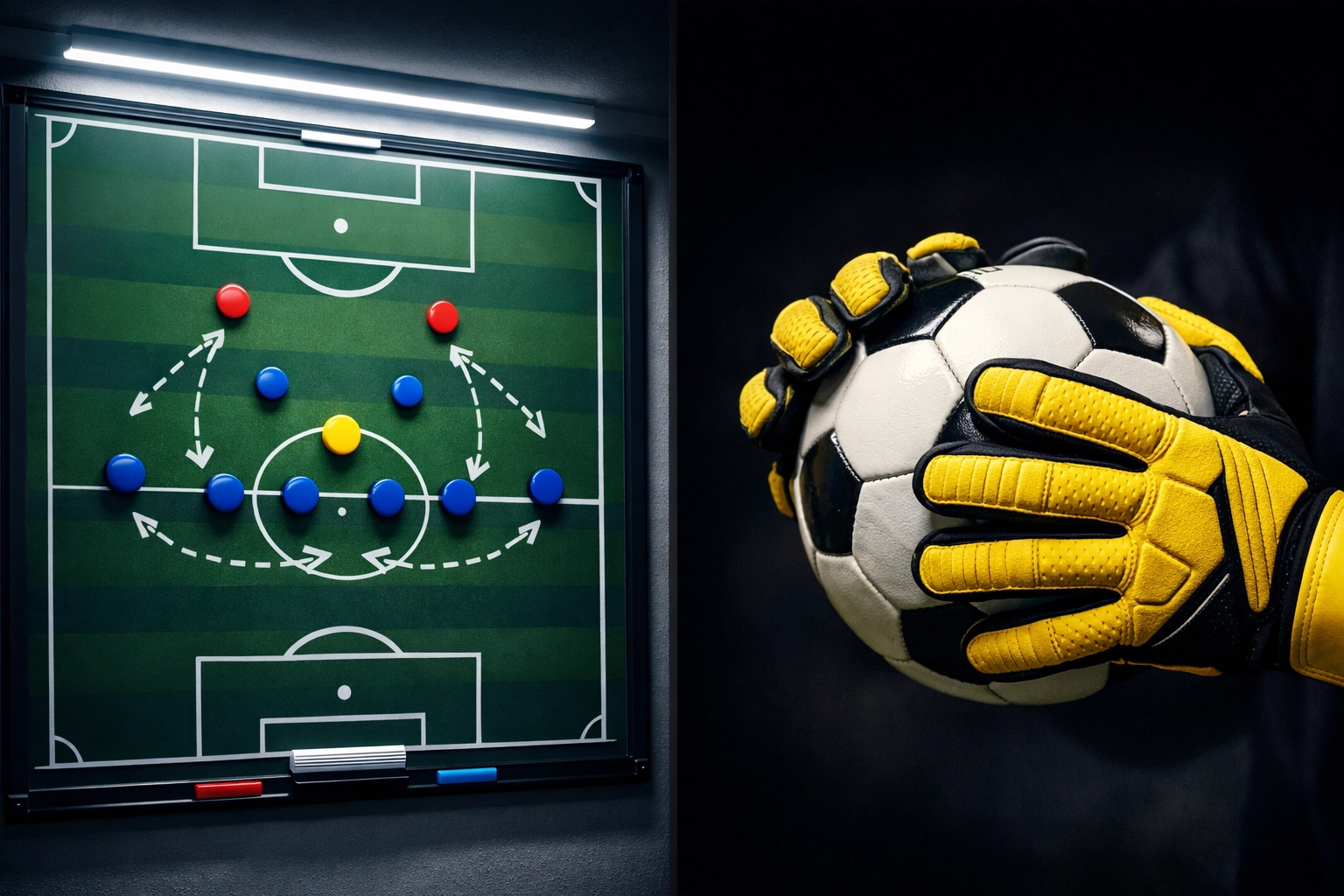 Taktiktafel mit Defensivformation und Torwart-Handschuhe für Bundesliga Wettanalyse
