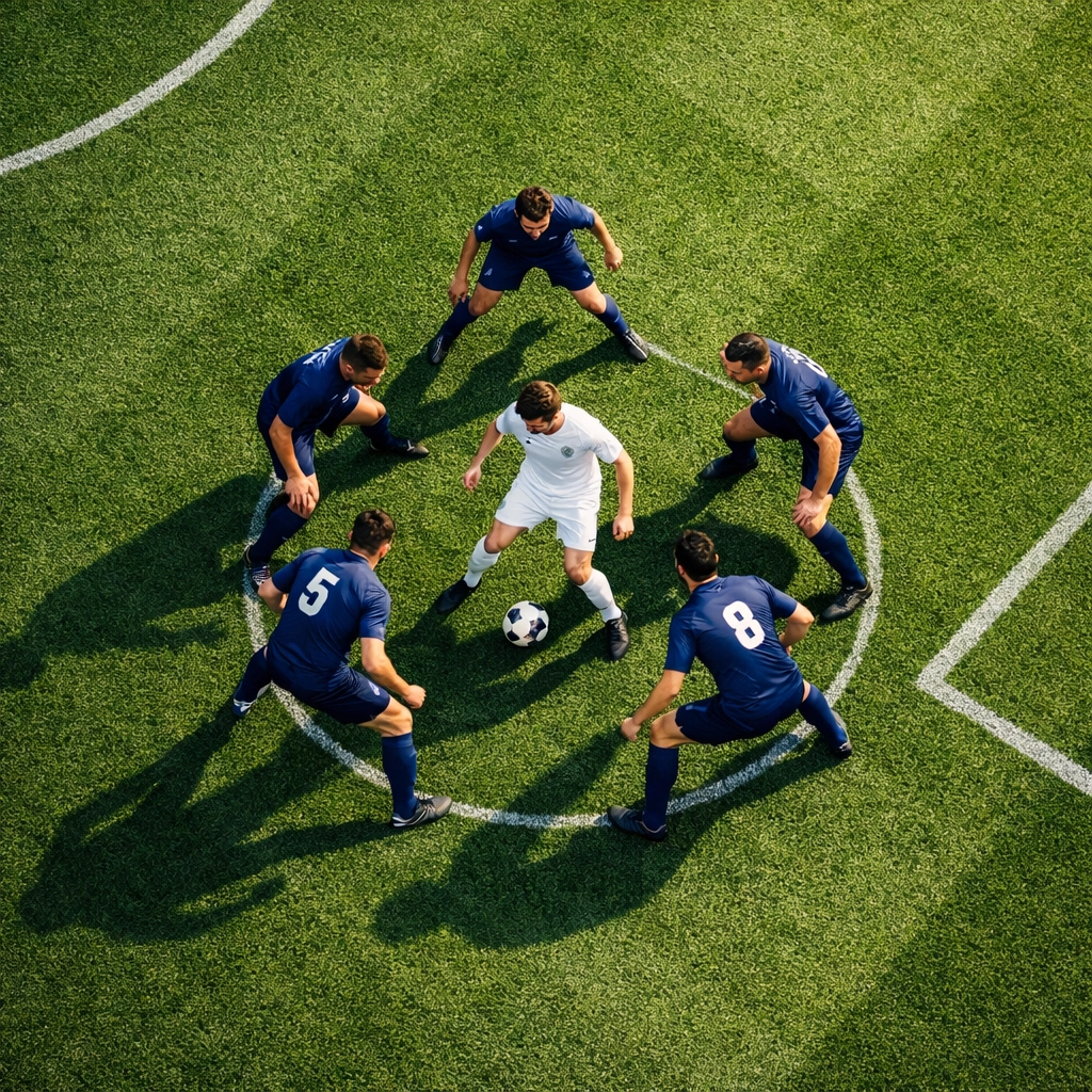 Taktische Formation beim Gegenpressing mit kompakter Spieleranordnung zur Ballrückeroberung.