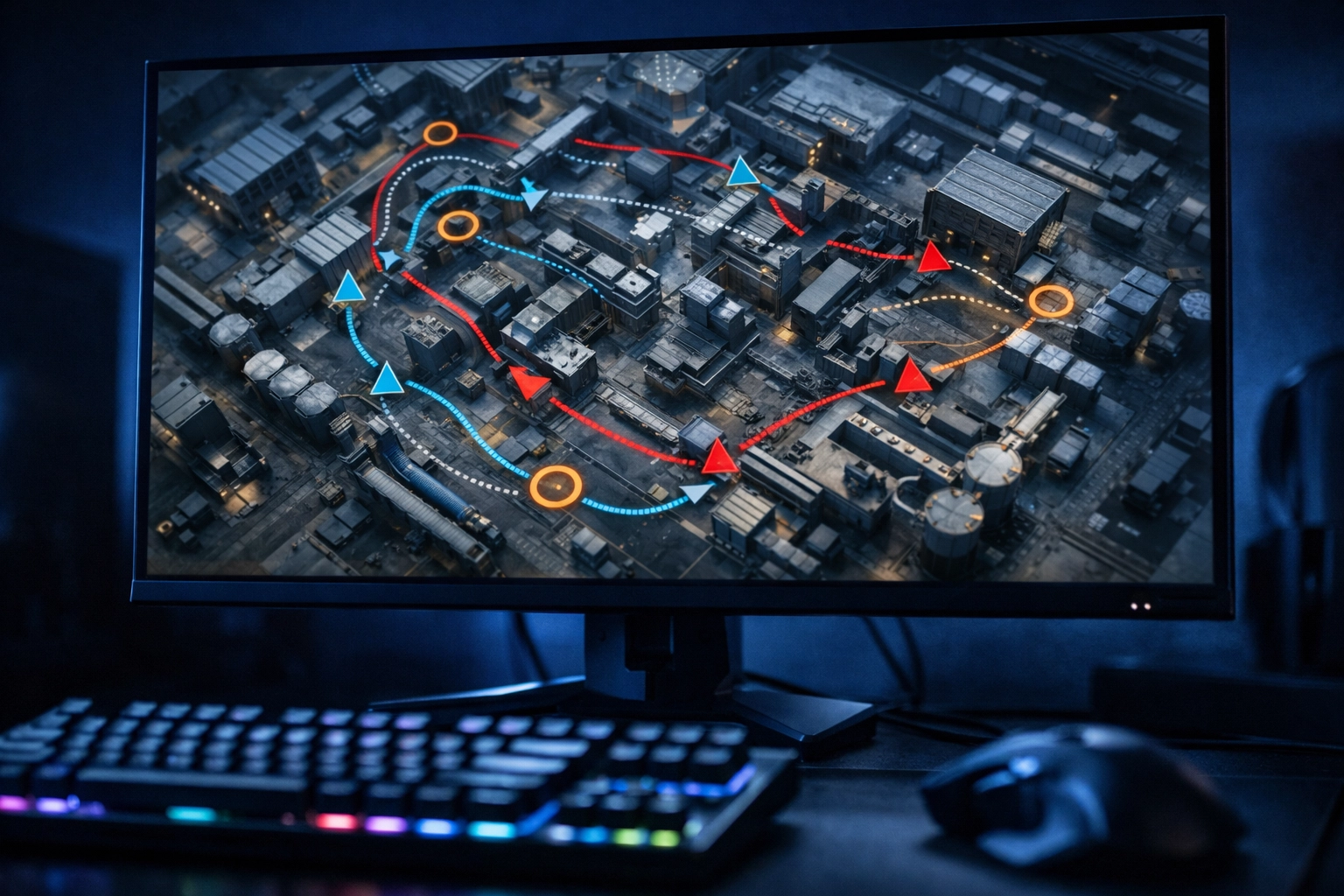 Taktische CS2 Map-Analyse auf einem Gaming-Monitor für strategische E-Sports Wetten.
