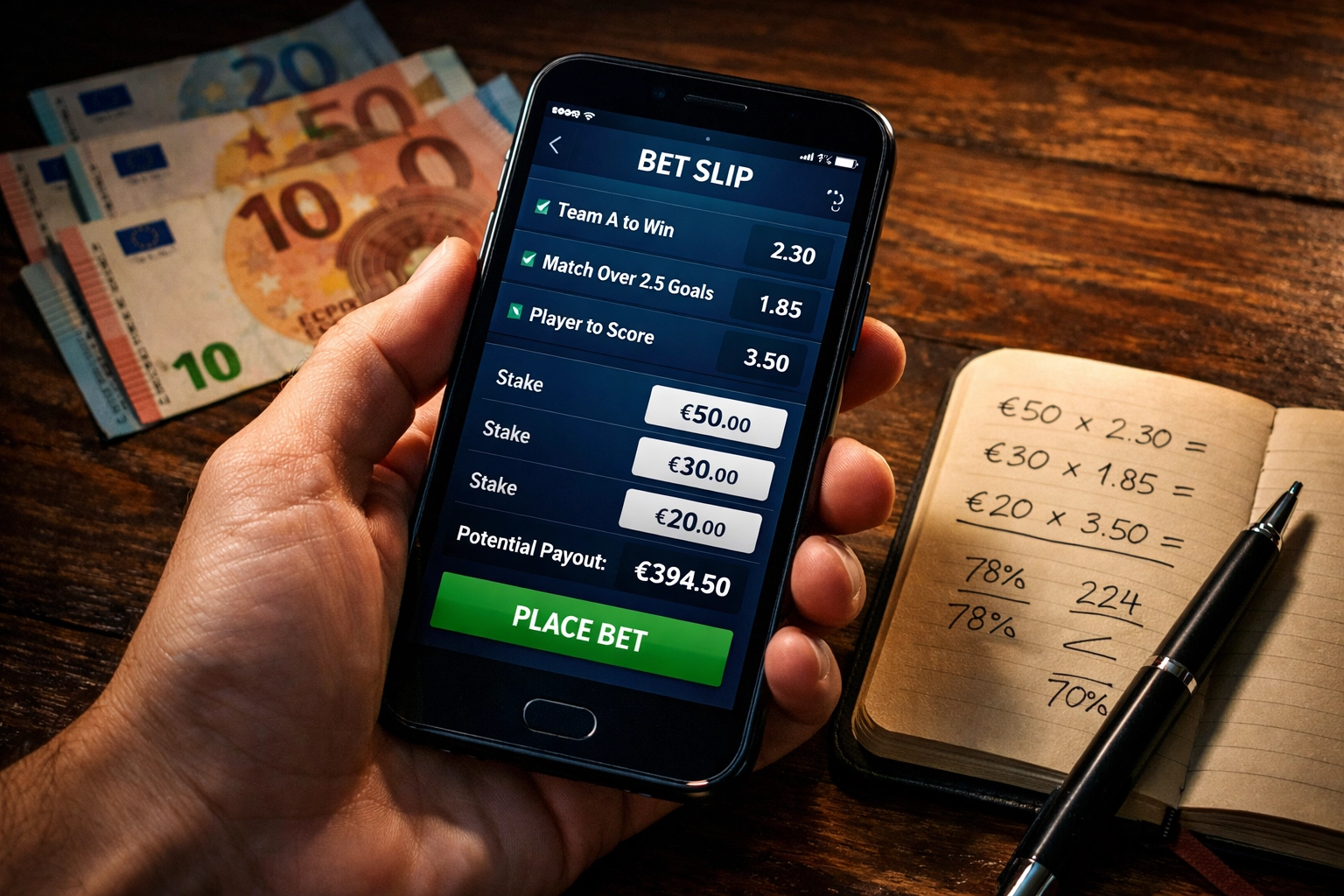 Erwartungswert-Berechnung für Sportwetten mit Einsatz und Quoten auf Smartphone-App