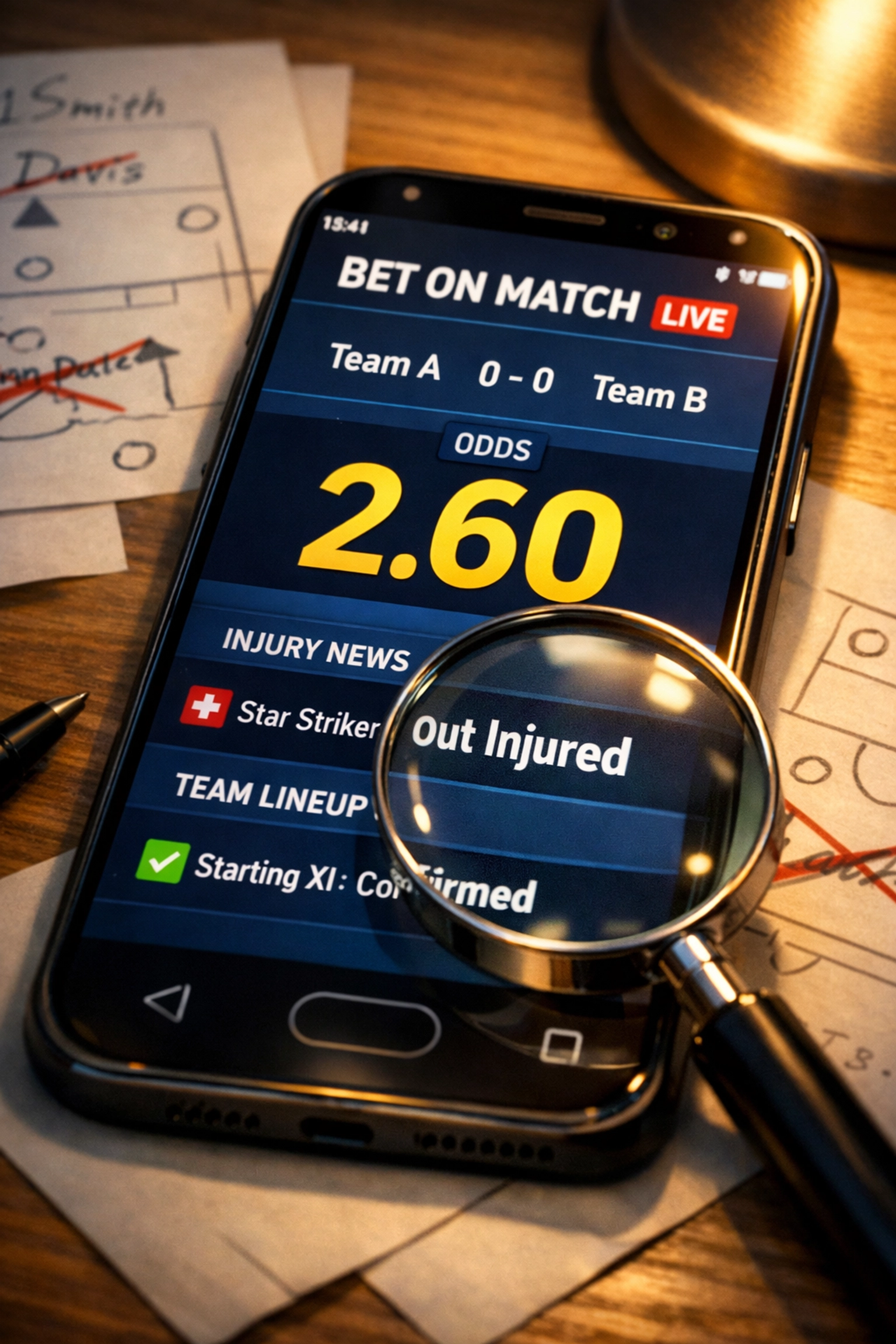 Sportwetten-App zeigt hohe Quote 2.60 neben Aufstellungs- und Verletzungsinformationen