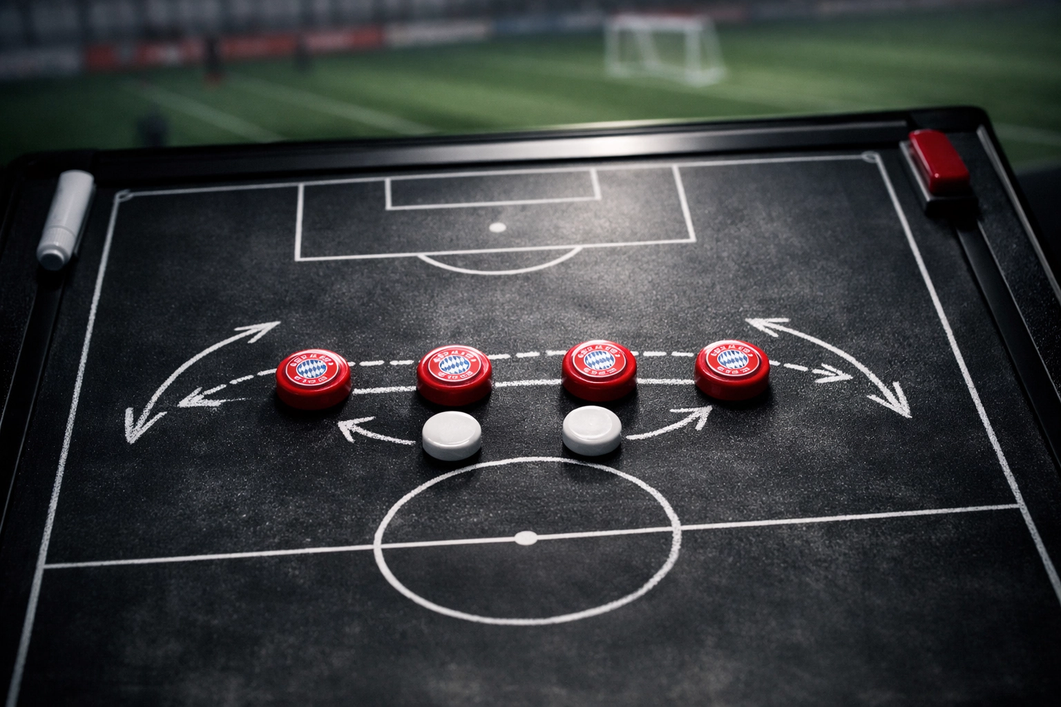 Bayern München Defensiv-Taktik auf Trainingsboard mit Viererkette und taktischen Bewegungspfeilen