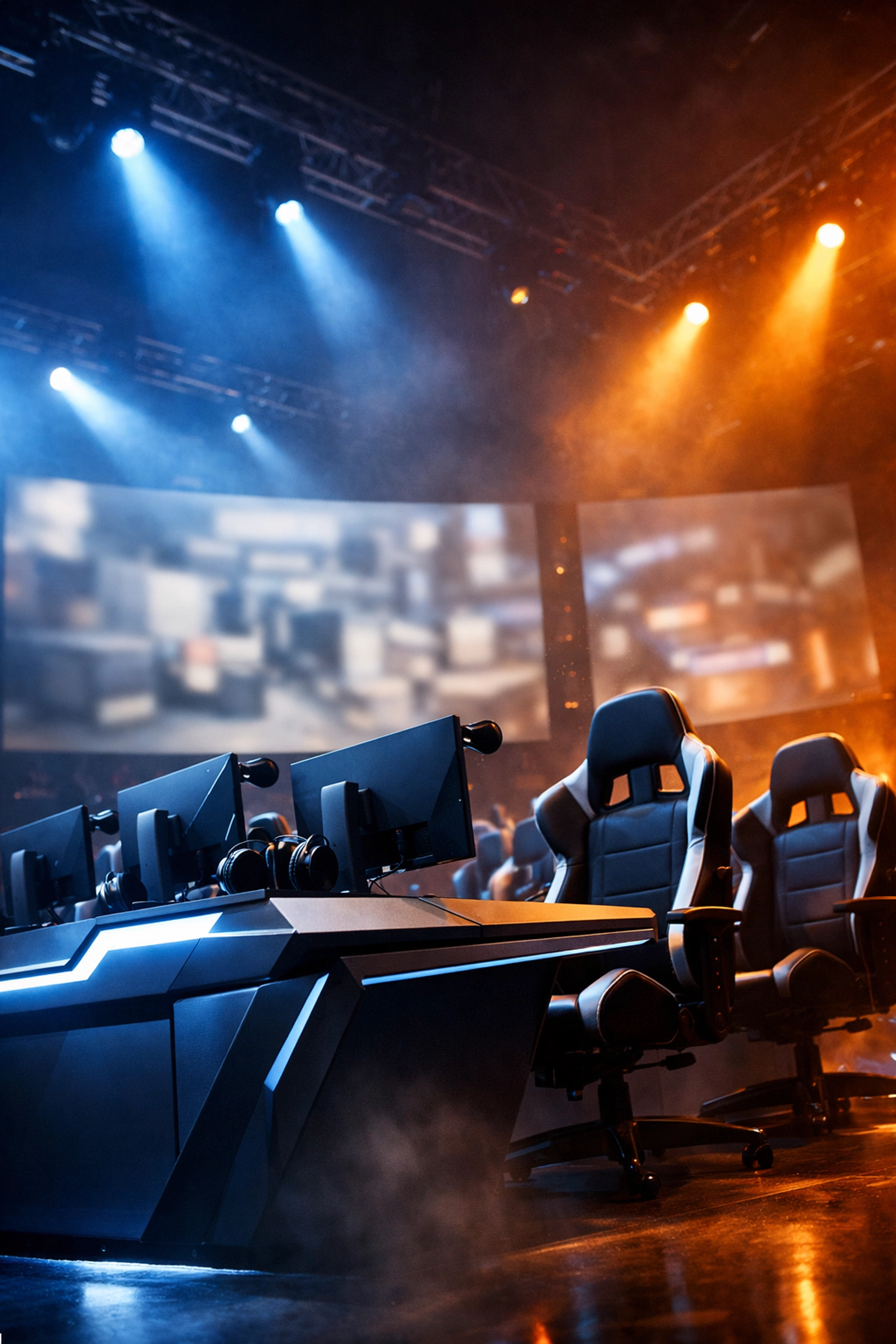 Moderne E-Sports Arena Bühne für VCT Turniere mit atmosphärischer Beleuchtung.