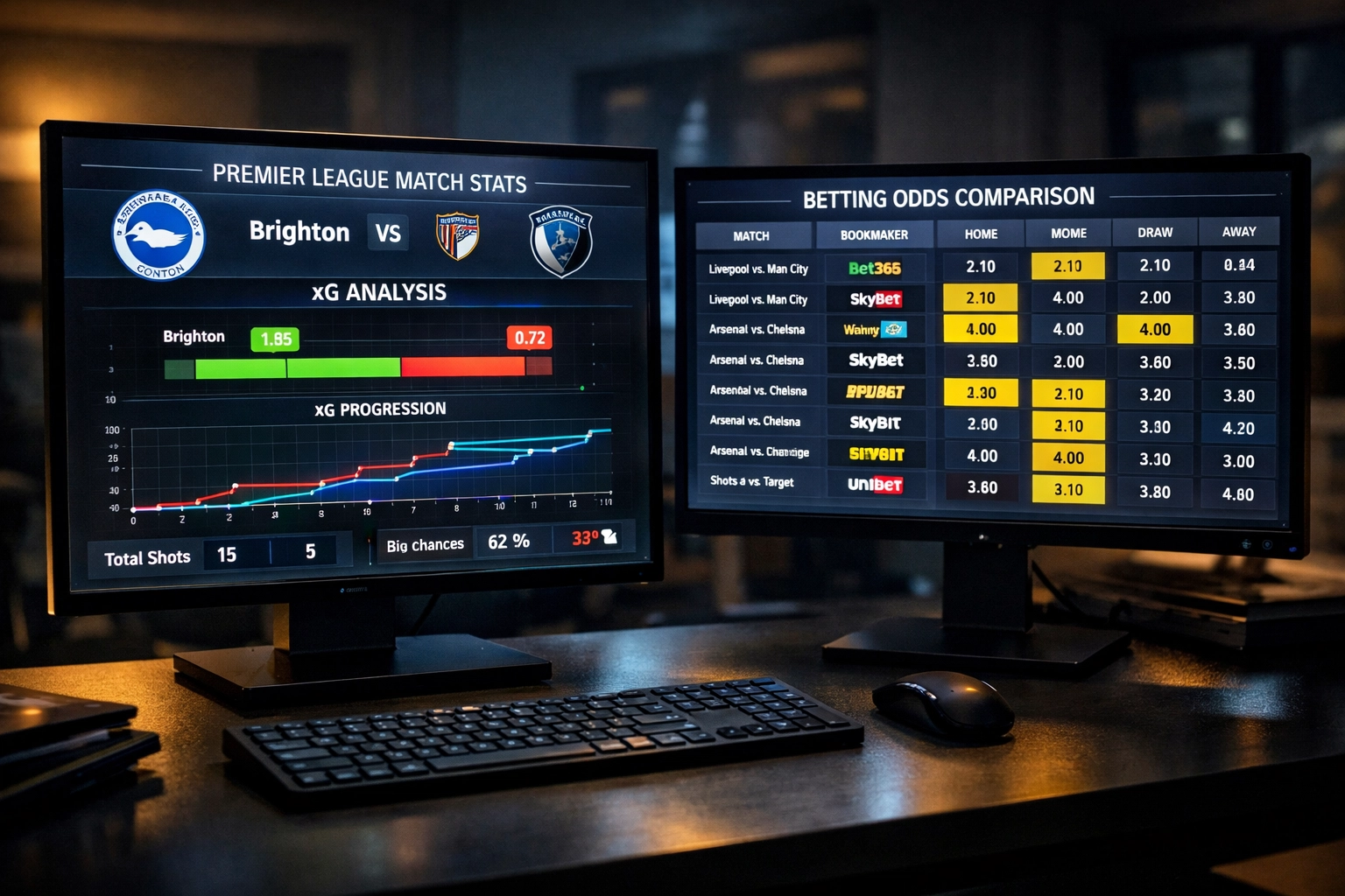 Quotenvergleich und xG-Statistiken auf Dual-Monitor für Value Bet Identifikation