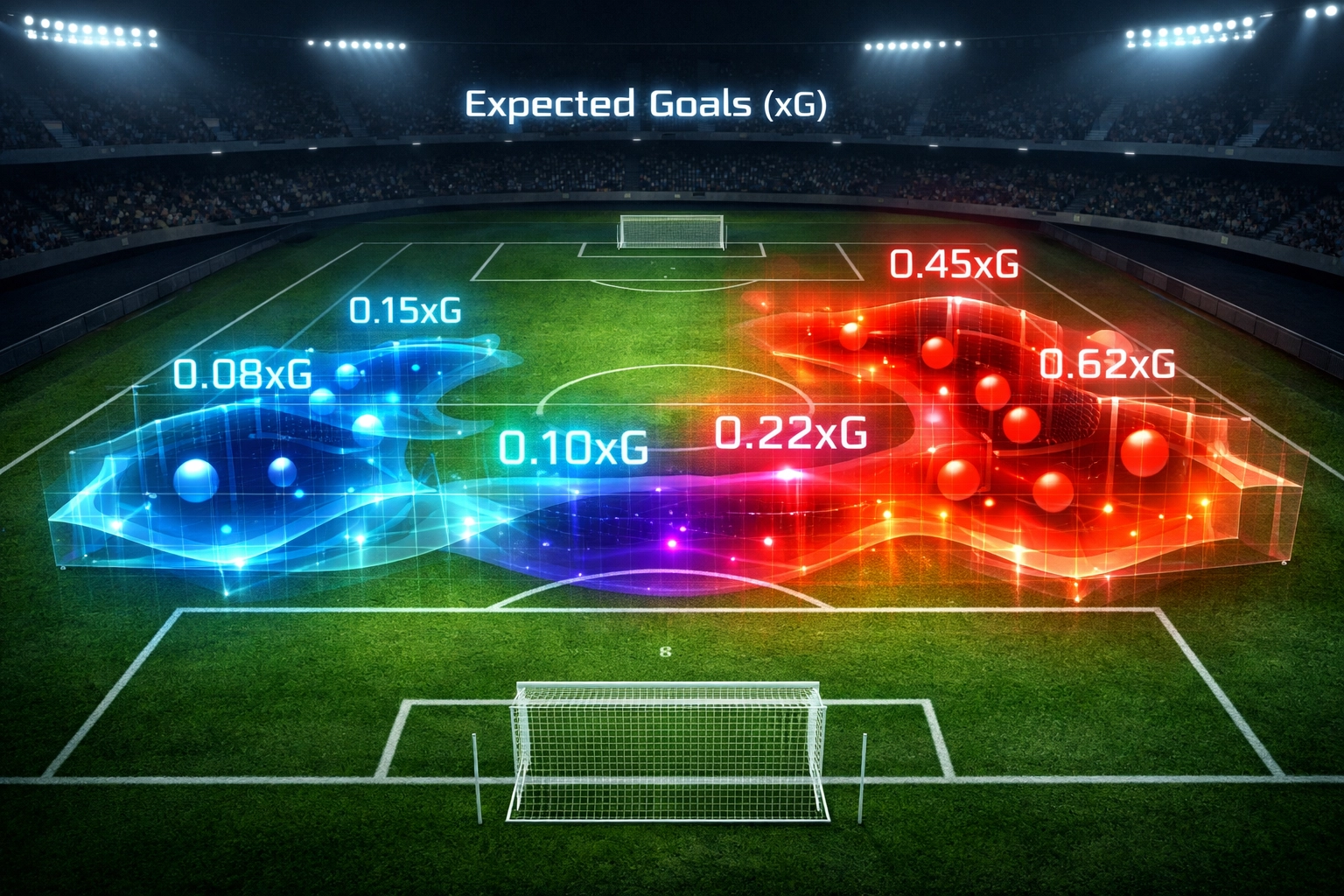 Expected Goals (xG) Heatmap-Visualisierung auf Fußballplatz mit Chancenqualität-Zonen