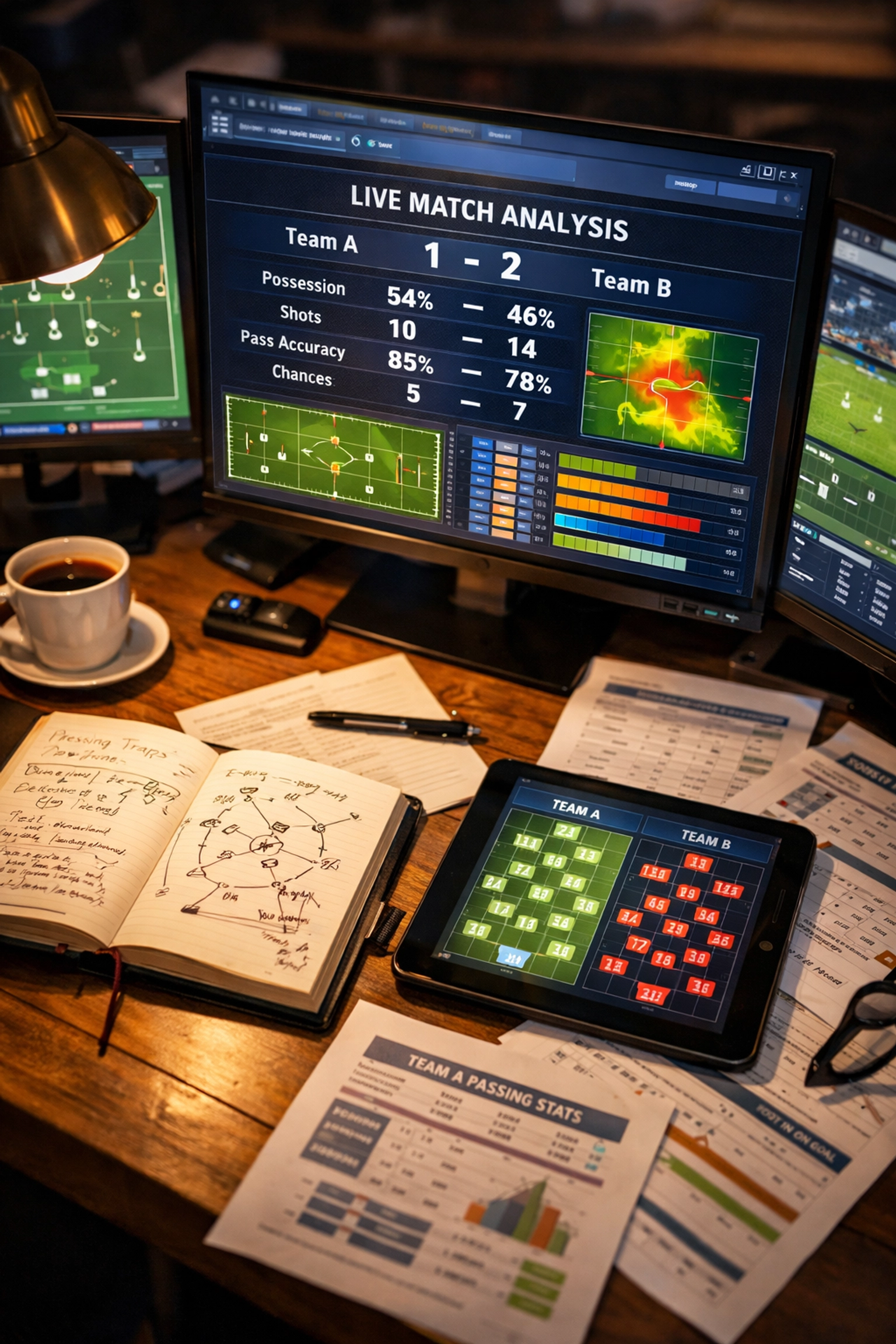 Professionelle Sportwetten-Analyse mit Statistiken und taktischen Formationen am Arbeitsplatz