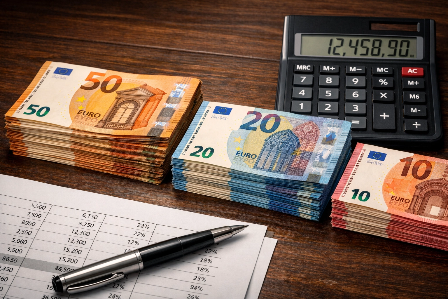 Bankroll Management für Sportwetten mit Euro-Scheinen, Taschenrechner und Finanzplan