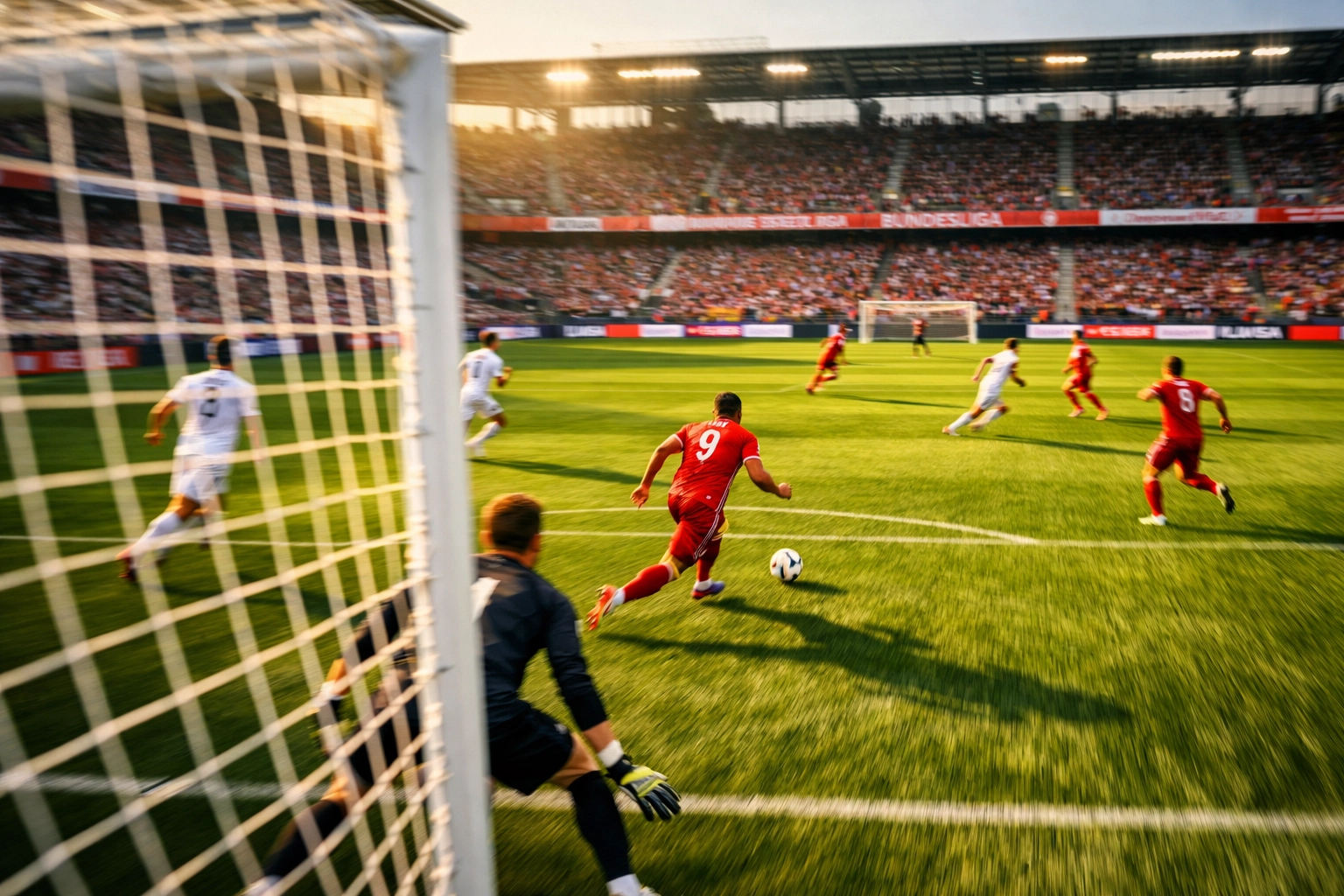 Kontersituation im Bundesliga-Stadion mit Abwehrspielern außer Position nach Ballverlust