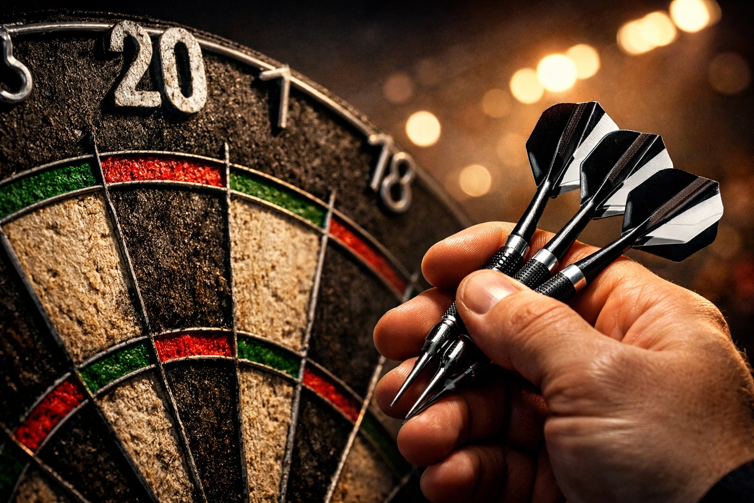 Professioneller Dartspieler zielt auf Doppelfeld bei Premier League Darts Turnier